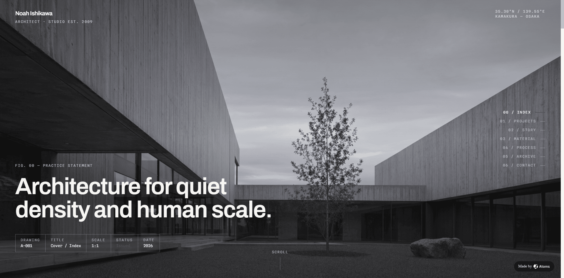 Skapa en exklusiv personlig webbplats för en fristående arkitekt med namnet “Noah Ishikawa”.