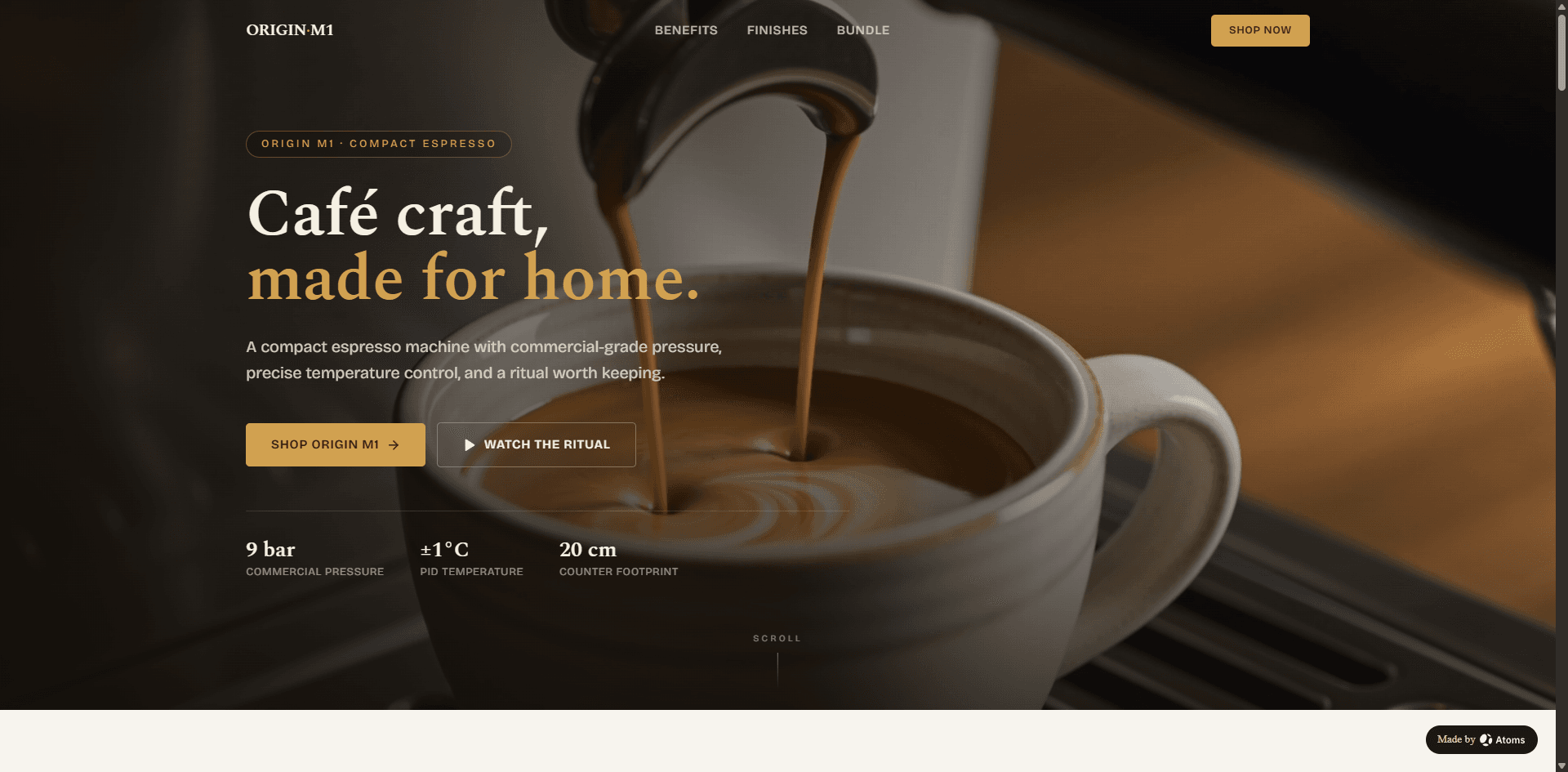 Skapa en exklusiv e-handelswebbplats för “ORIGIN M1”, en kompakt espressomaskin för både kaffeälskare i hemmet och ägare av boutiquekaféer.