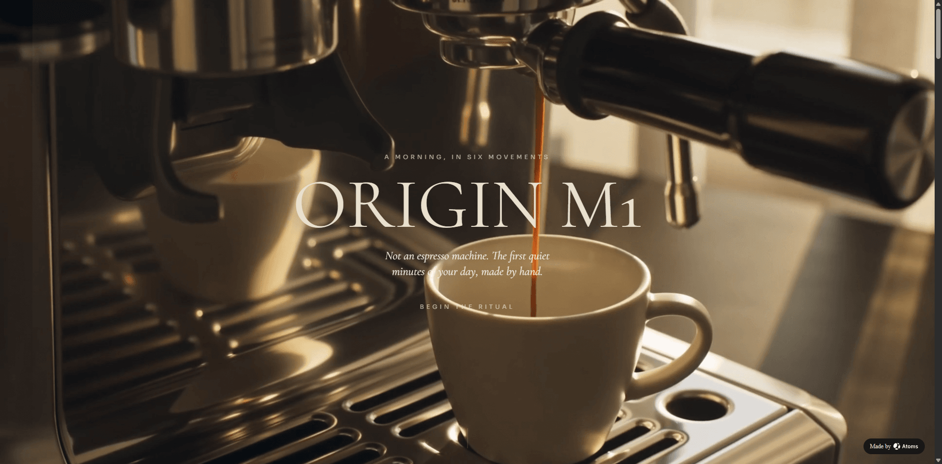 プレミアムエスプレッソマシン「ORIGIN M1」のための、型にはまらないランディングページを作成してください。