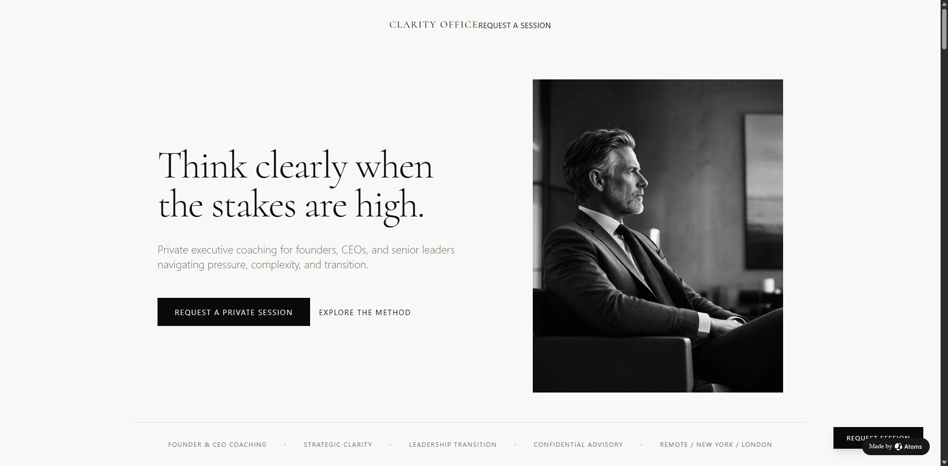 Stwórz premium statyczną stronę internetową dla „CLARITY OFFICE”, praktyki coachingu dla founderów, CEO i liderów wyższego szczebla.