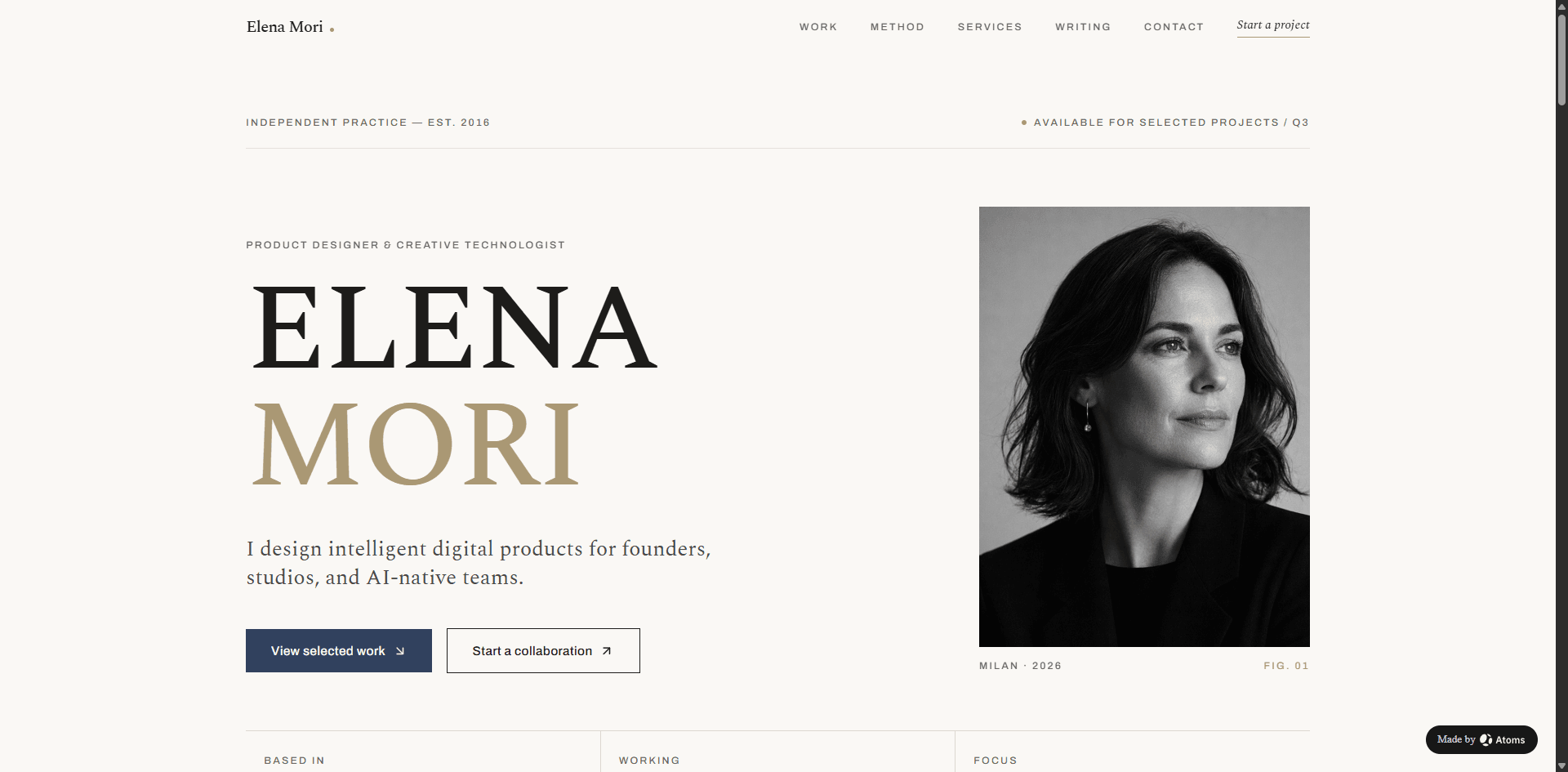 Stwórz premium osobistą stronę portfolio wygenerowaną przez AI dla „ELENA MORI”, niezależnej projektantki produktów i kreatywnej technolożki.