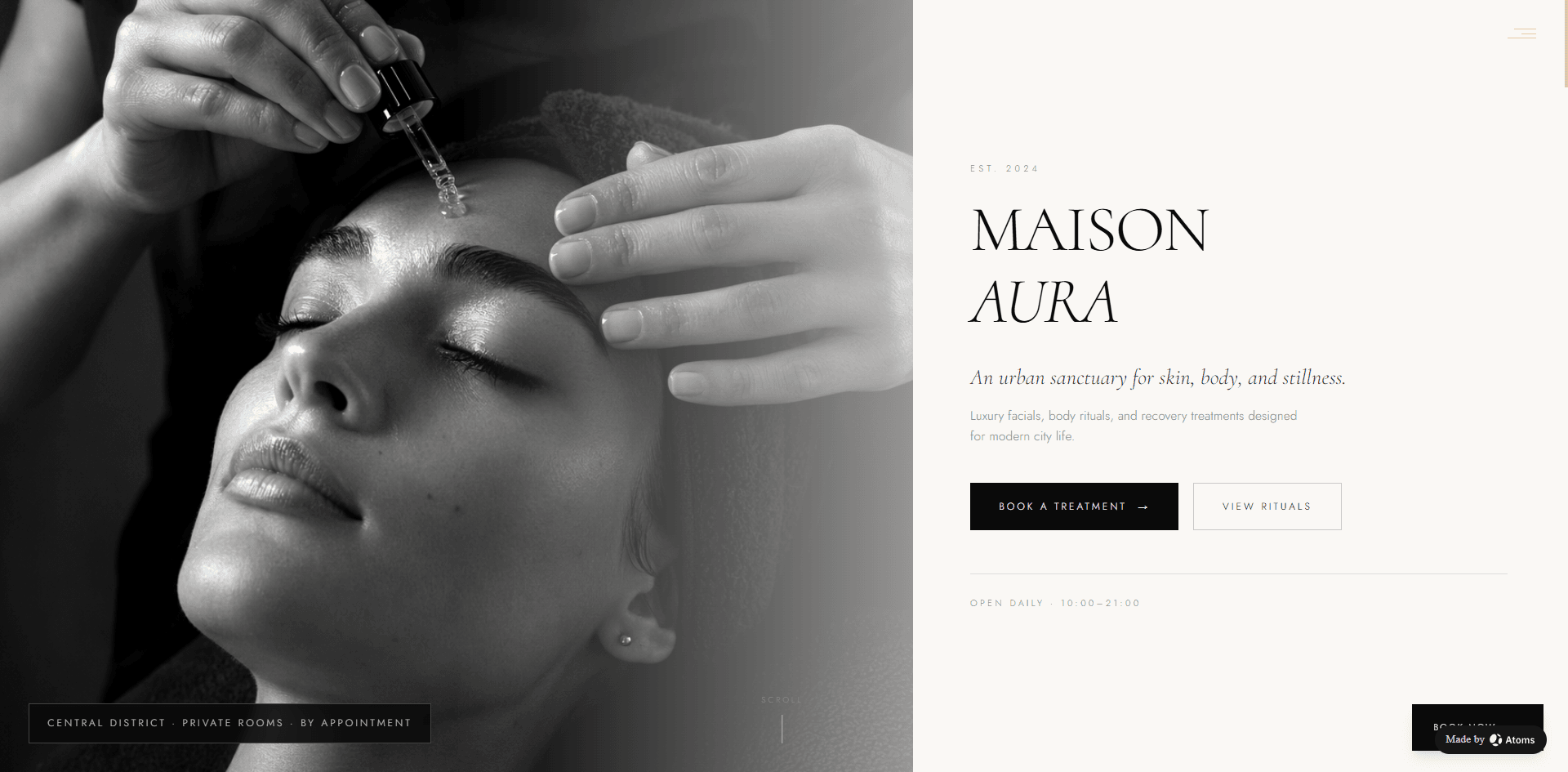 Crea un sitio web estático premium para “MAISON AURA”, un spa de día de lujo ubicado en el centro de una ciudad moderna.