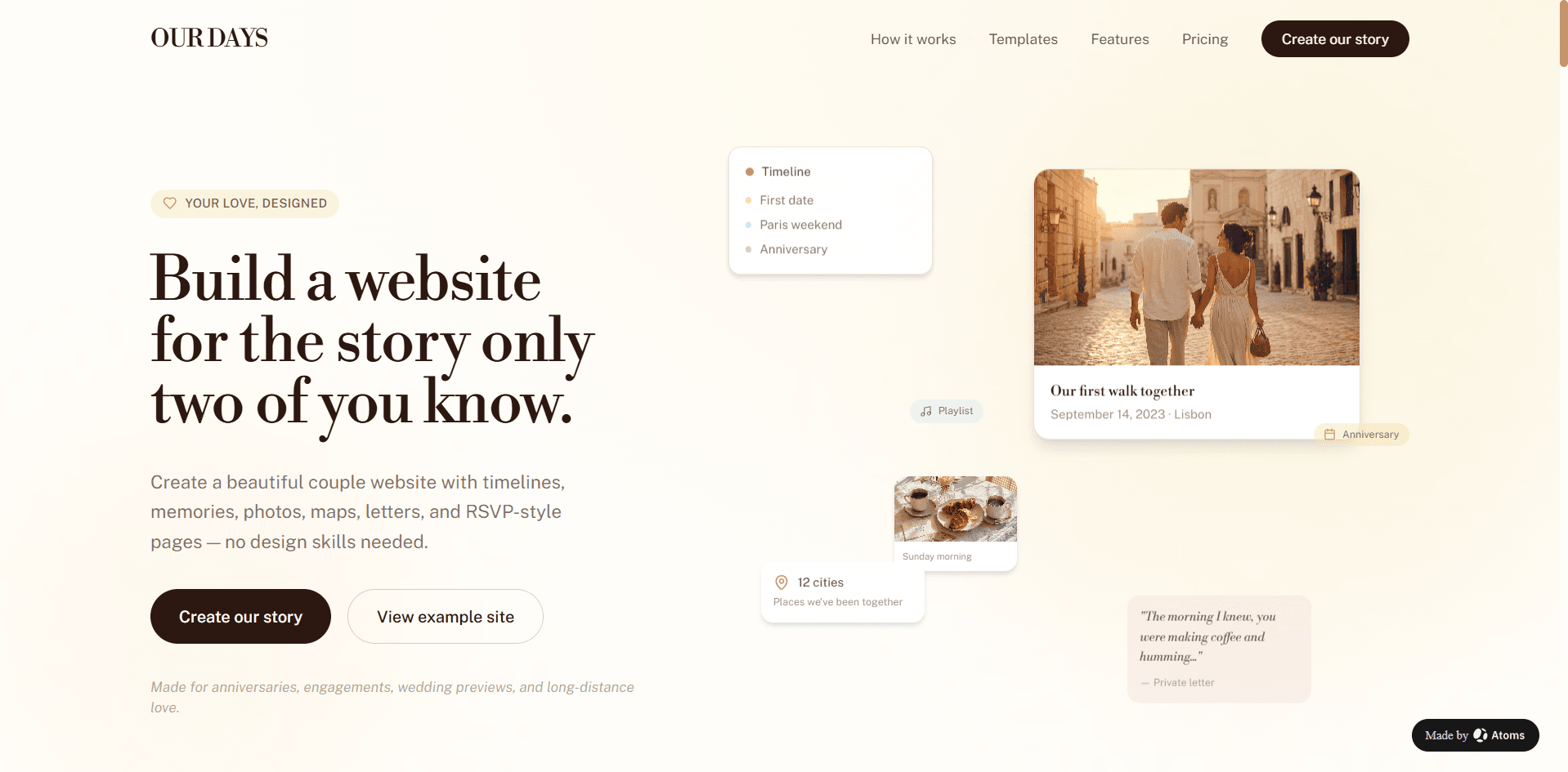 Create a premium static website for “OUR DAYS”, a dating and couple story website builder that helps couples turn their relationship into a beautiful personal website.