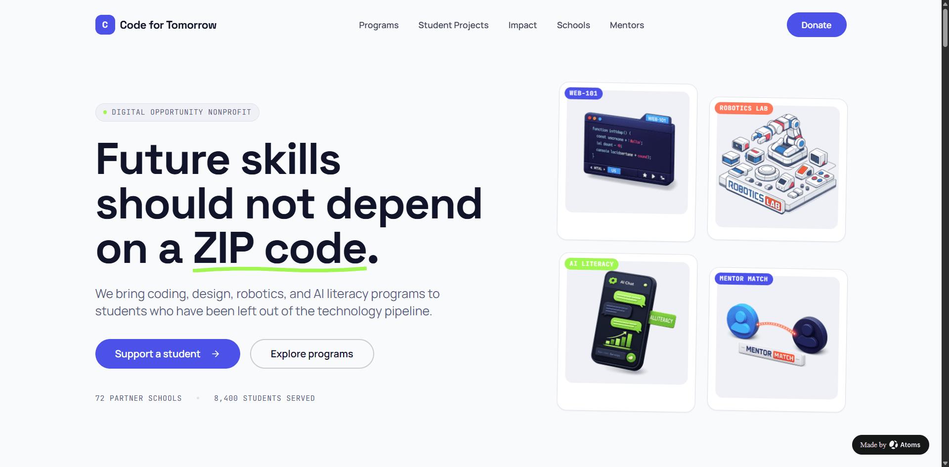 Create a premium static website for a nonprofit organization called “Code for Tomorrow”.