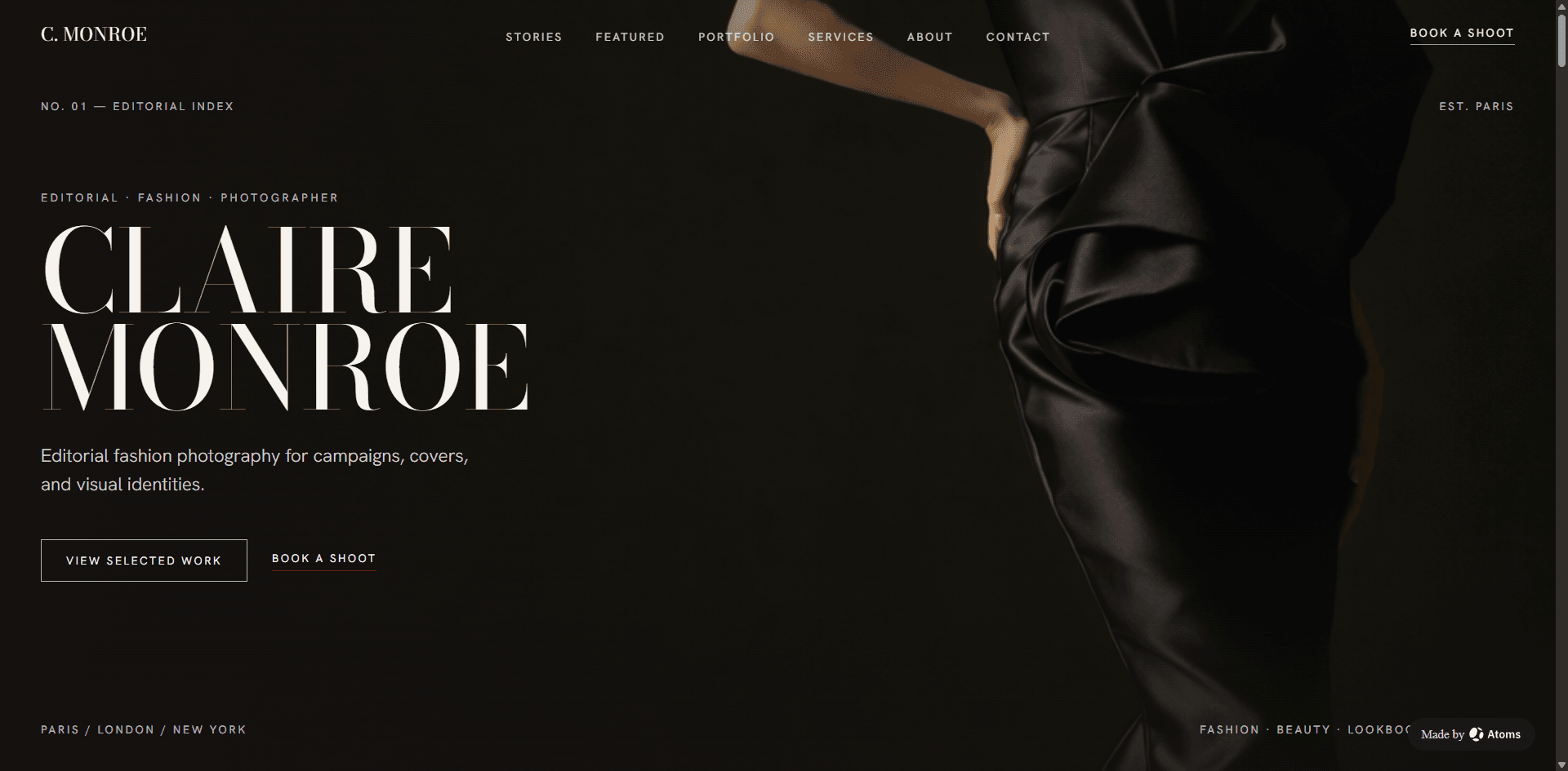 Create a premium static website for “CLAIRE MONROE”, an editorial fashion photographer based between Paris, London, and New York.