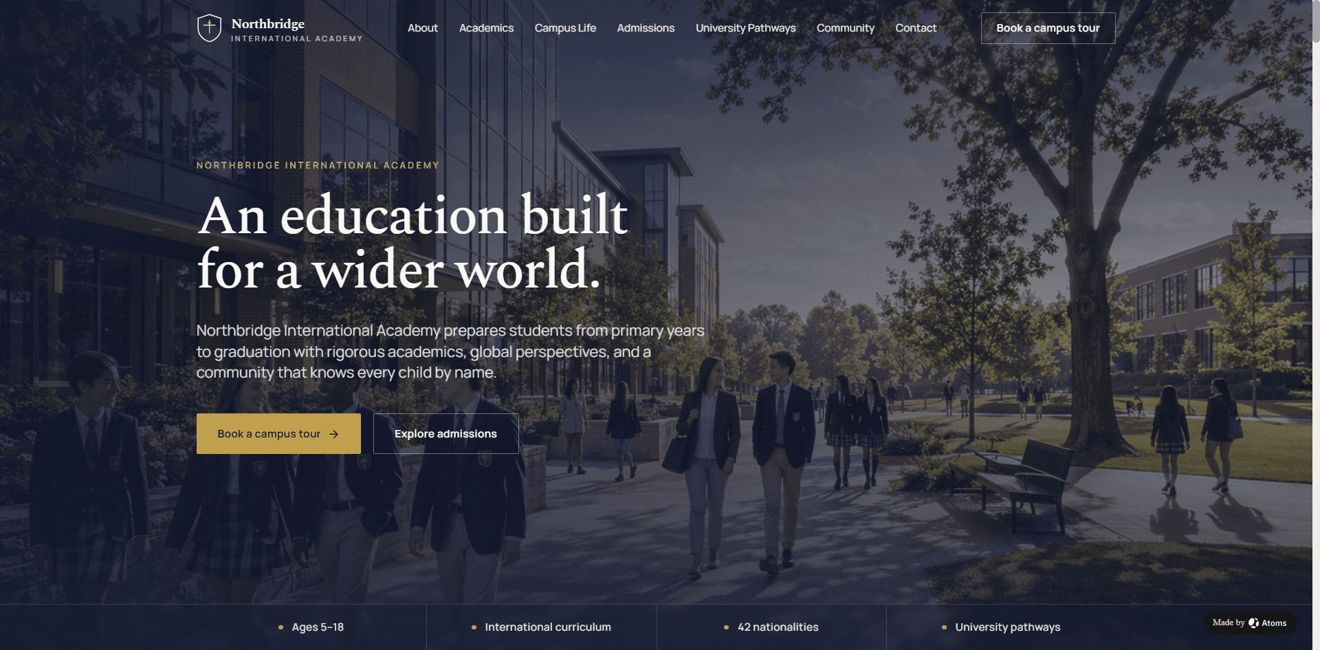 Create a premium static website for “Northbridge International Academy”, a high-end K–12 international school.