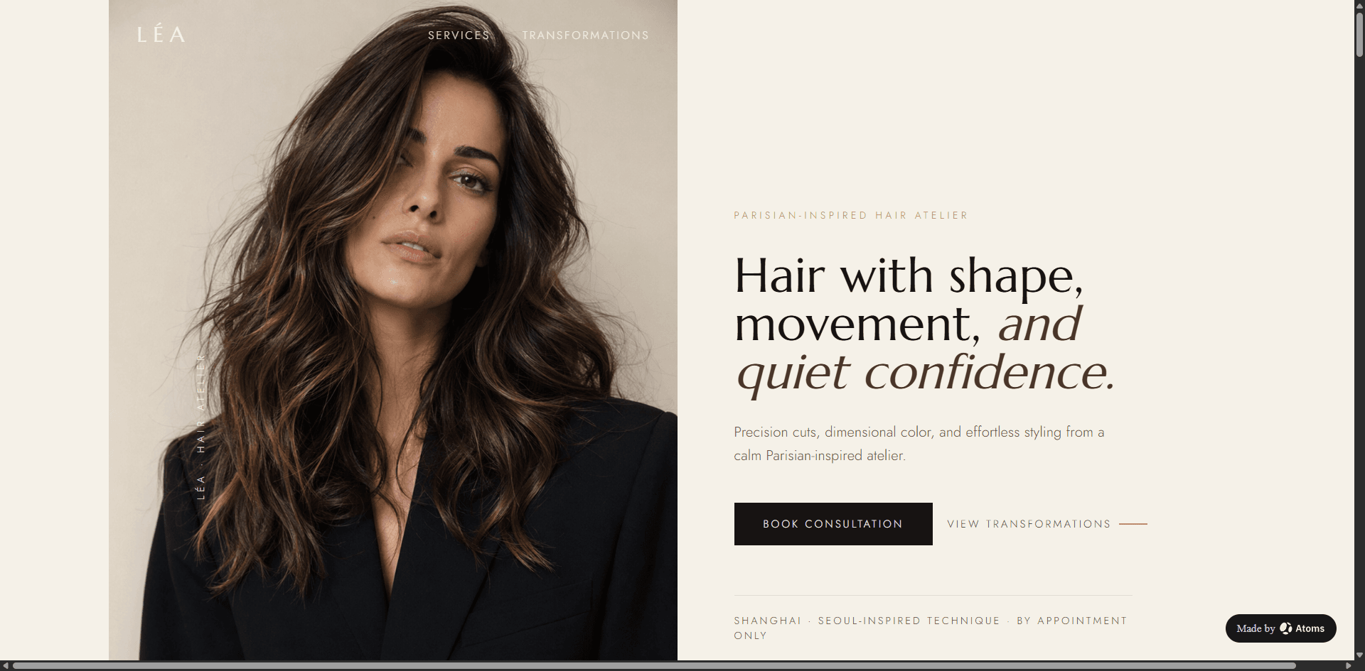 Create a premium static website for a high-end hair salon called “LÉA Hair Atelier”.
