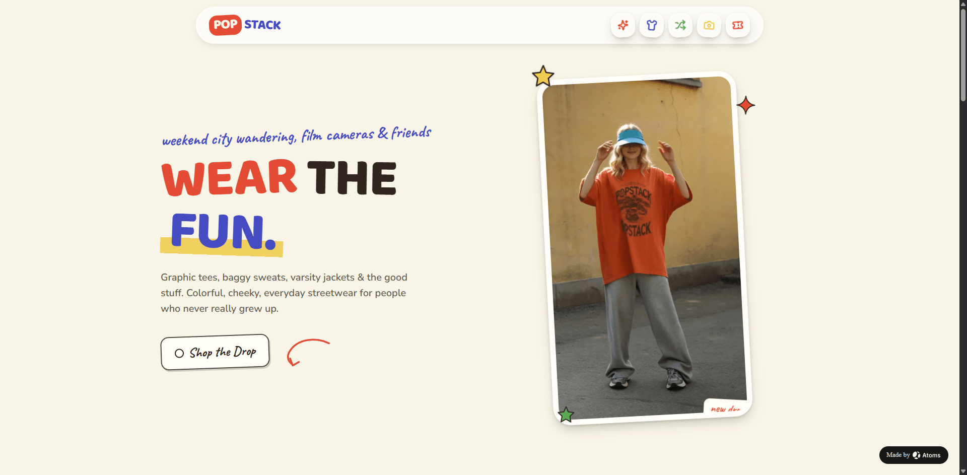 Create a playful e-commerce website for “POPSTACK”, a youthful everyday streetwear brand for gen-z.
