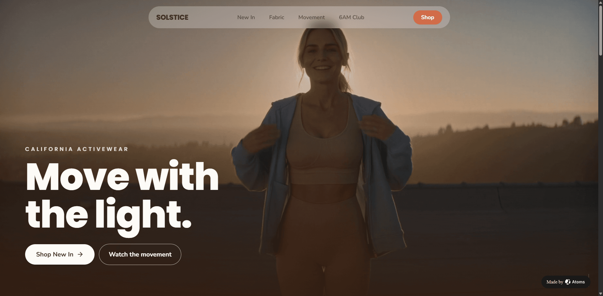 Create an energetic premium website for “SOLSTICE”, a Californian women’s activewear brand.