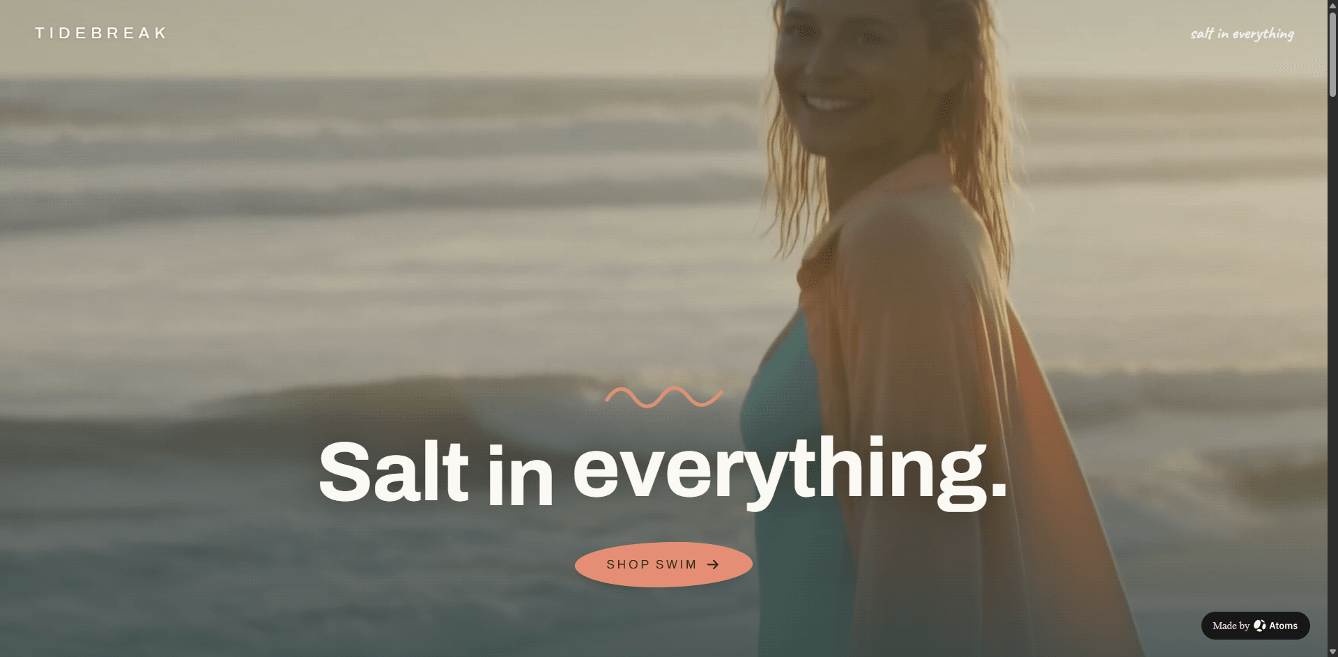 Create an ocean-soaked e-commerce website for “TIDEBREAK”, a Californian surf and swimwear brand.