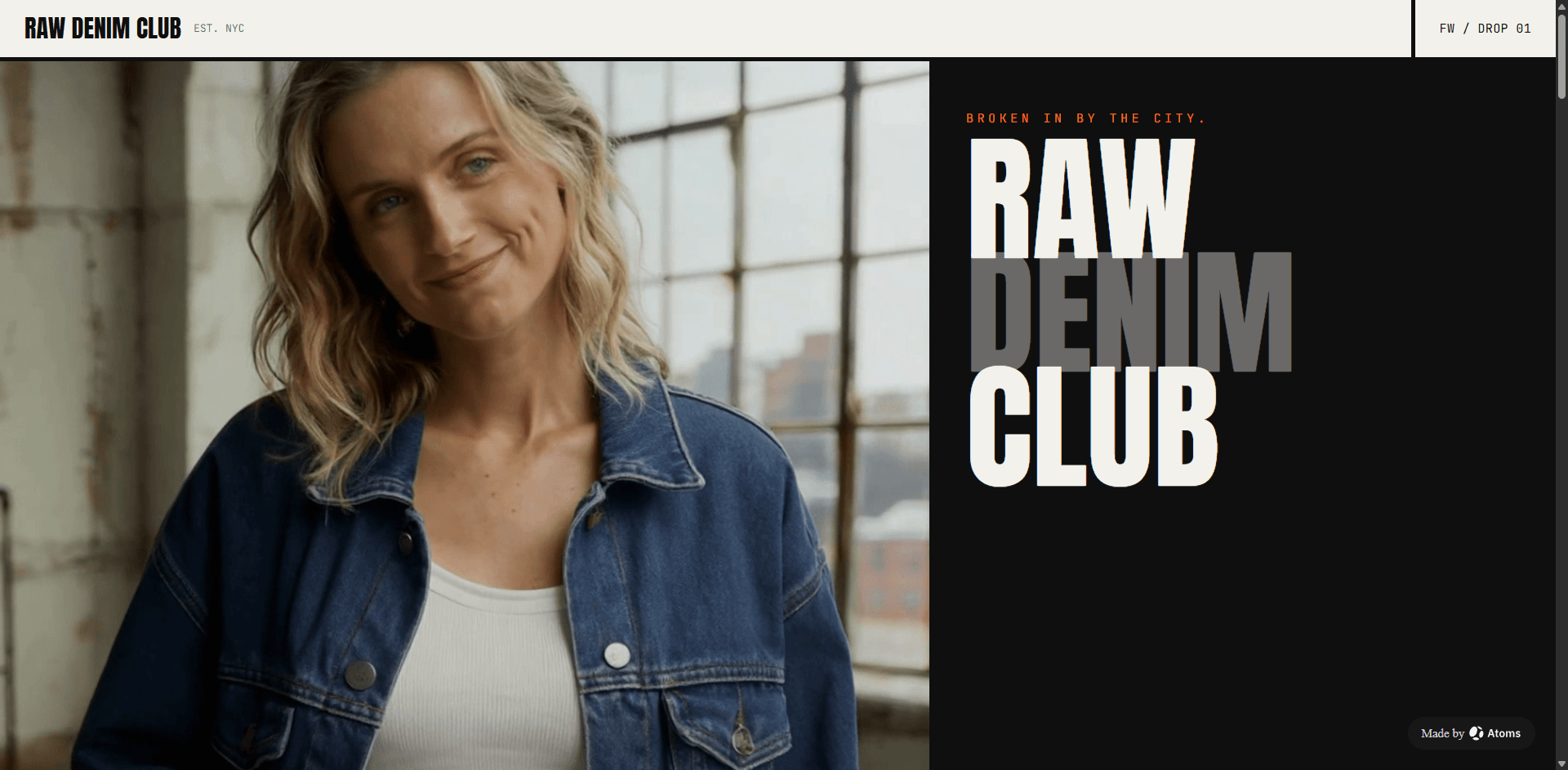 Create a bold e-commerce website for “RAW DENIM CLUB”, a New York raw denim and streetwear label.