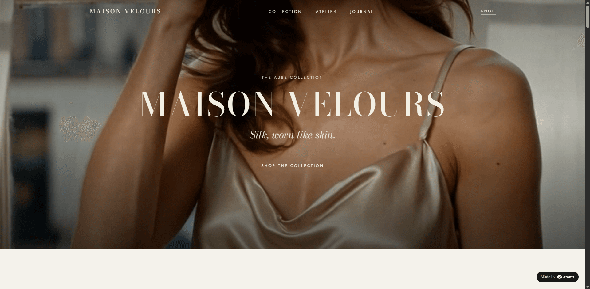 Create a premium e-commerce brand website for “MAISON VELOURS”, a French silk slip-dress label.