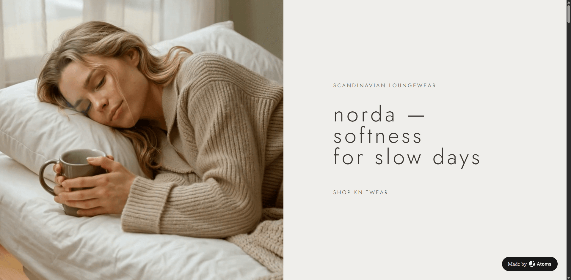 Create a serene e-commerce website for “NORDA”, a Scandinavian loungewear and knit homewear brand.