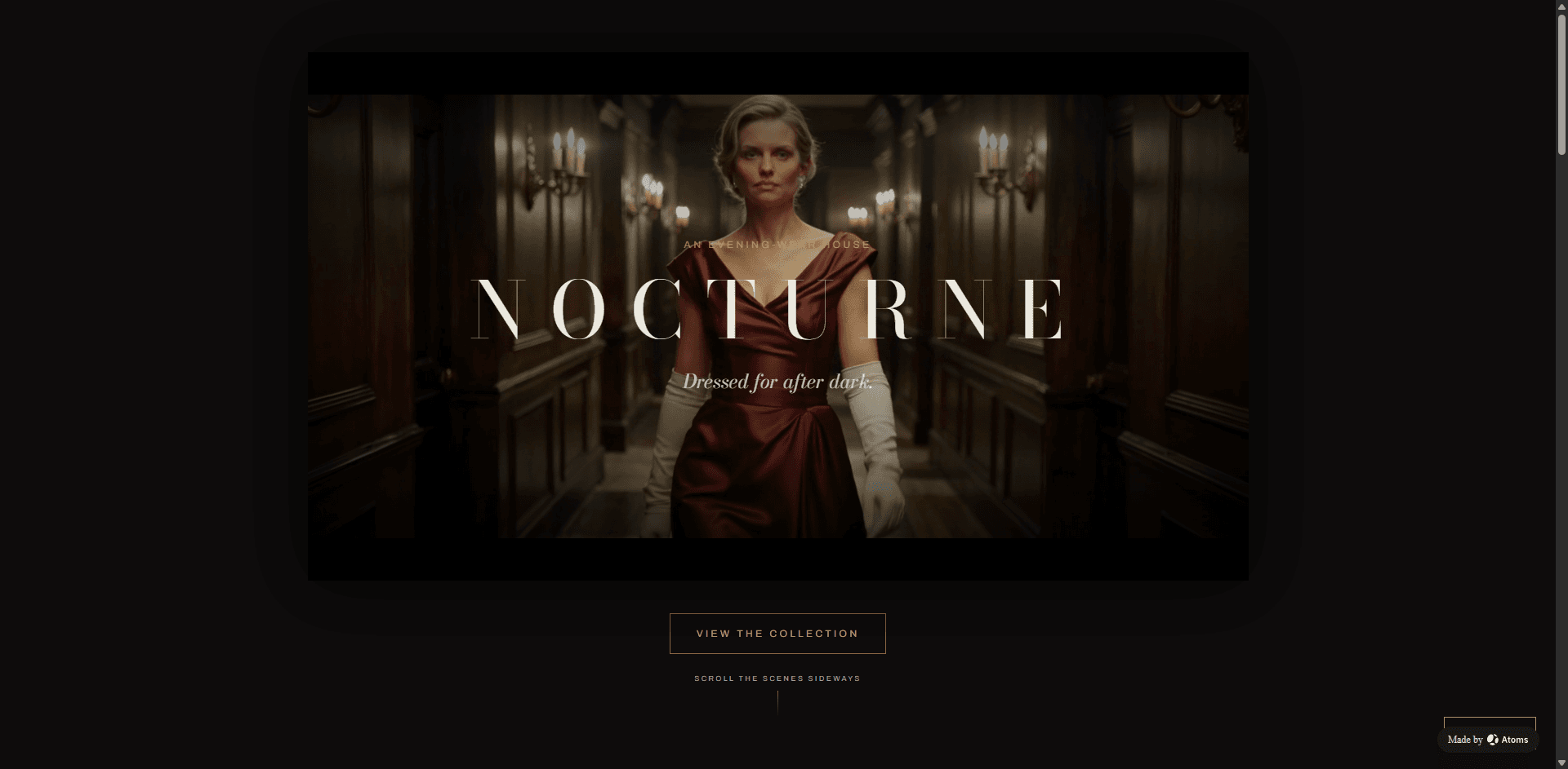 Create a cinematic e-commerce website for “NOCTURNE”, an evening-wear and occasion-dress house.