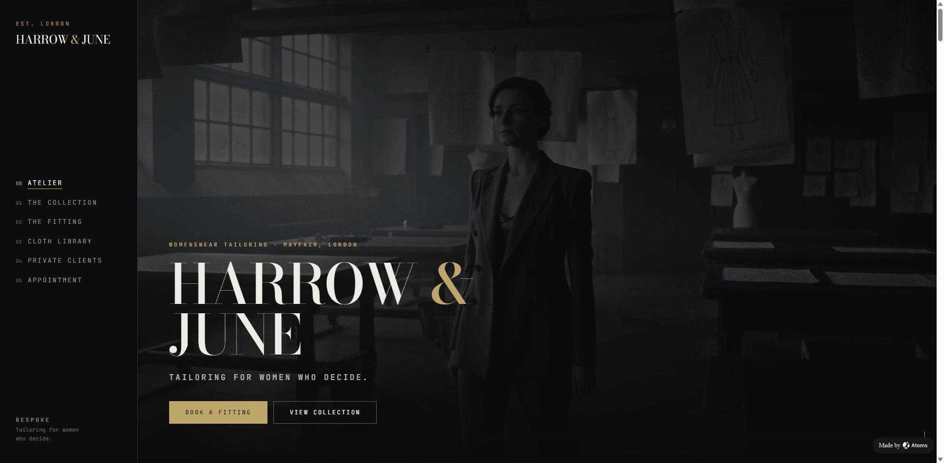 Create a premium fashion website for “HARROW & JUNE”, a London womenswear tailoring atelier making sharp suits and structured coats for women.