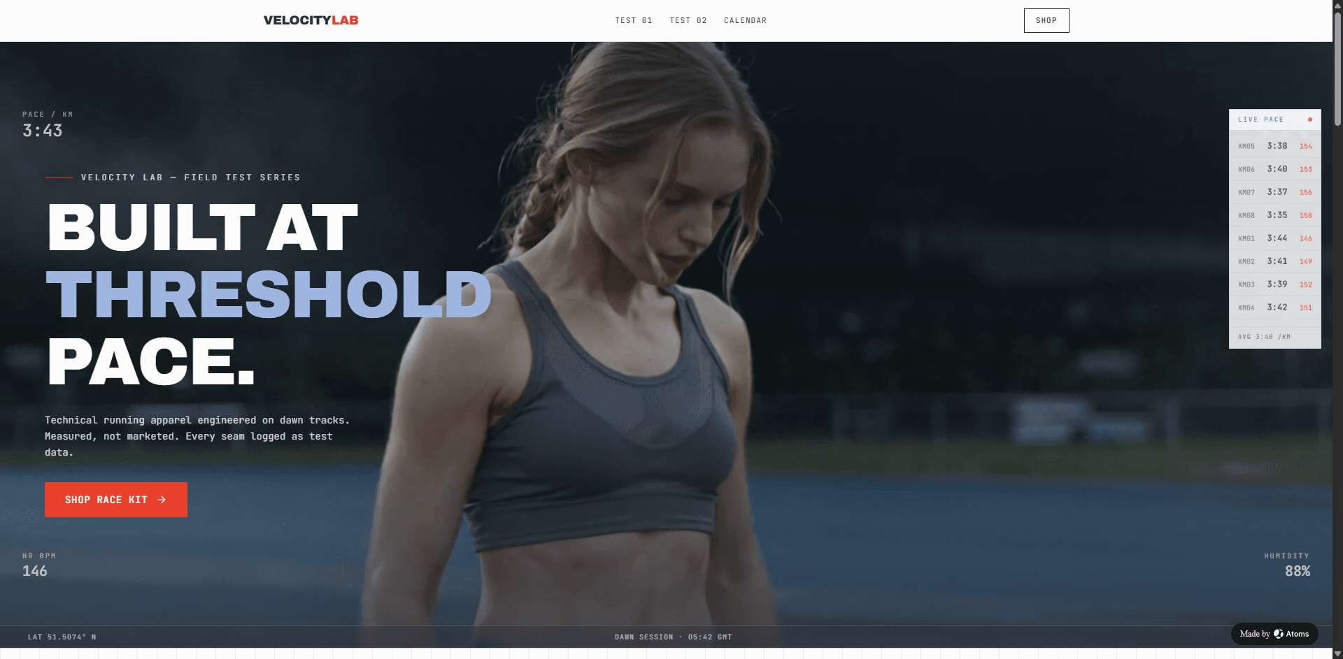 Create a performance-driven e-commerce website for “VELOCITY LAB”, a technical running apparel brand.