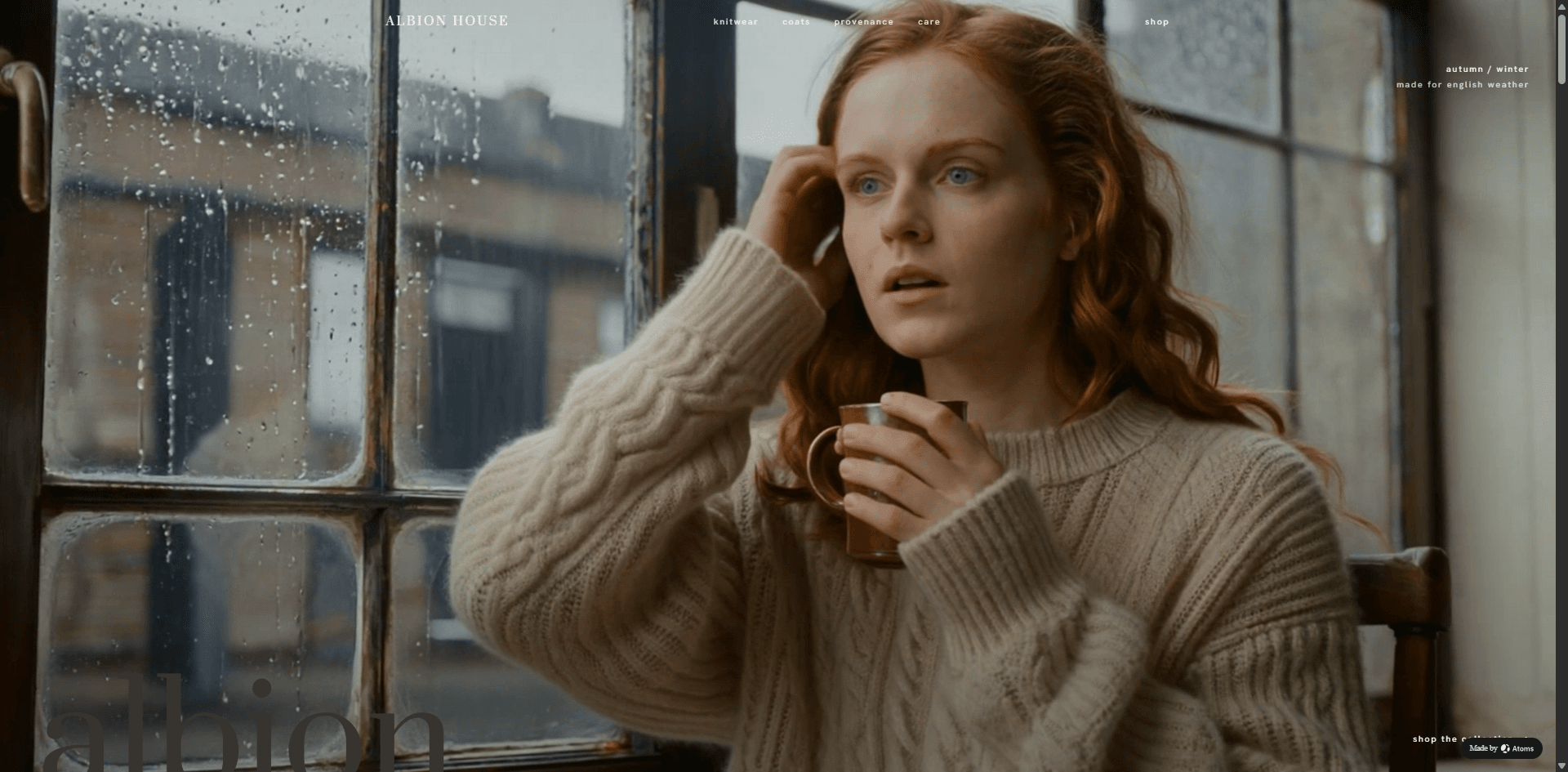 Create a quietly luxurious e-commerce website for “ALBION HOUSE”, a British knitwear and wool coat label.