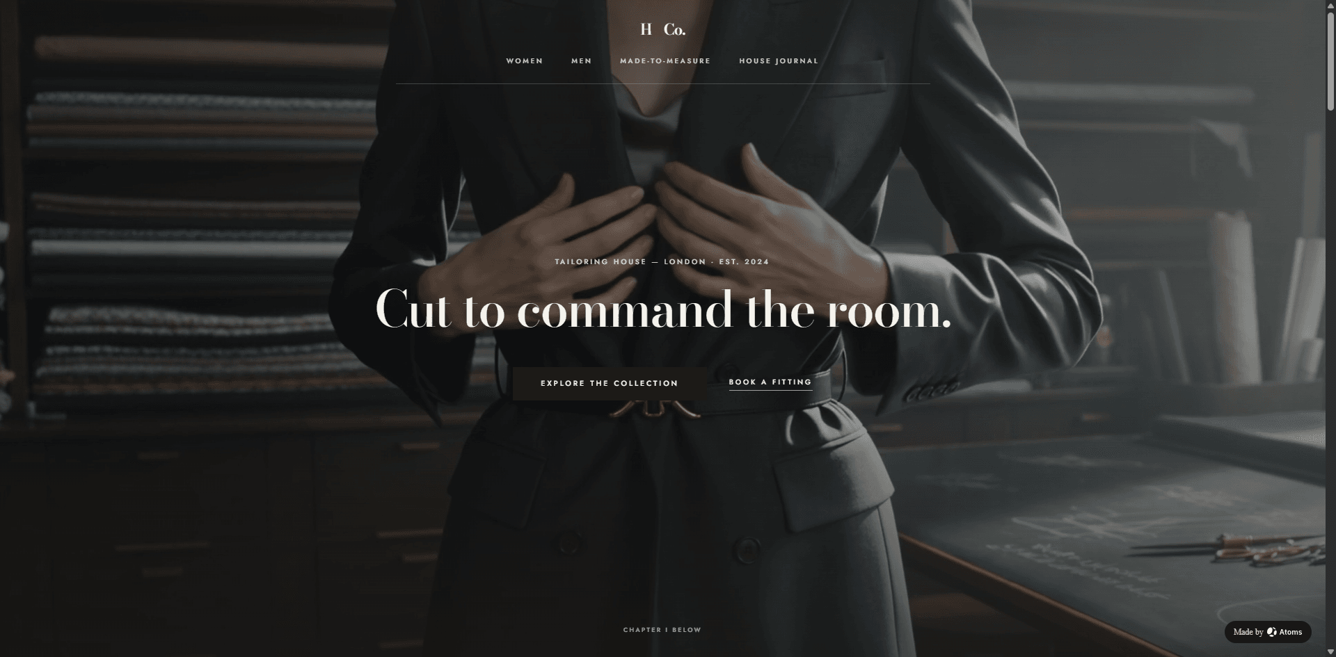Create a premium brand website for “HARLAN & CO.”, a modern tailoring house making women’s and men’s suiting, with a focus on sharply tailored womenswear.