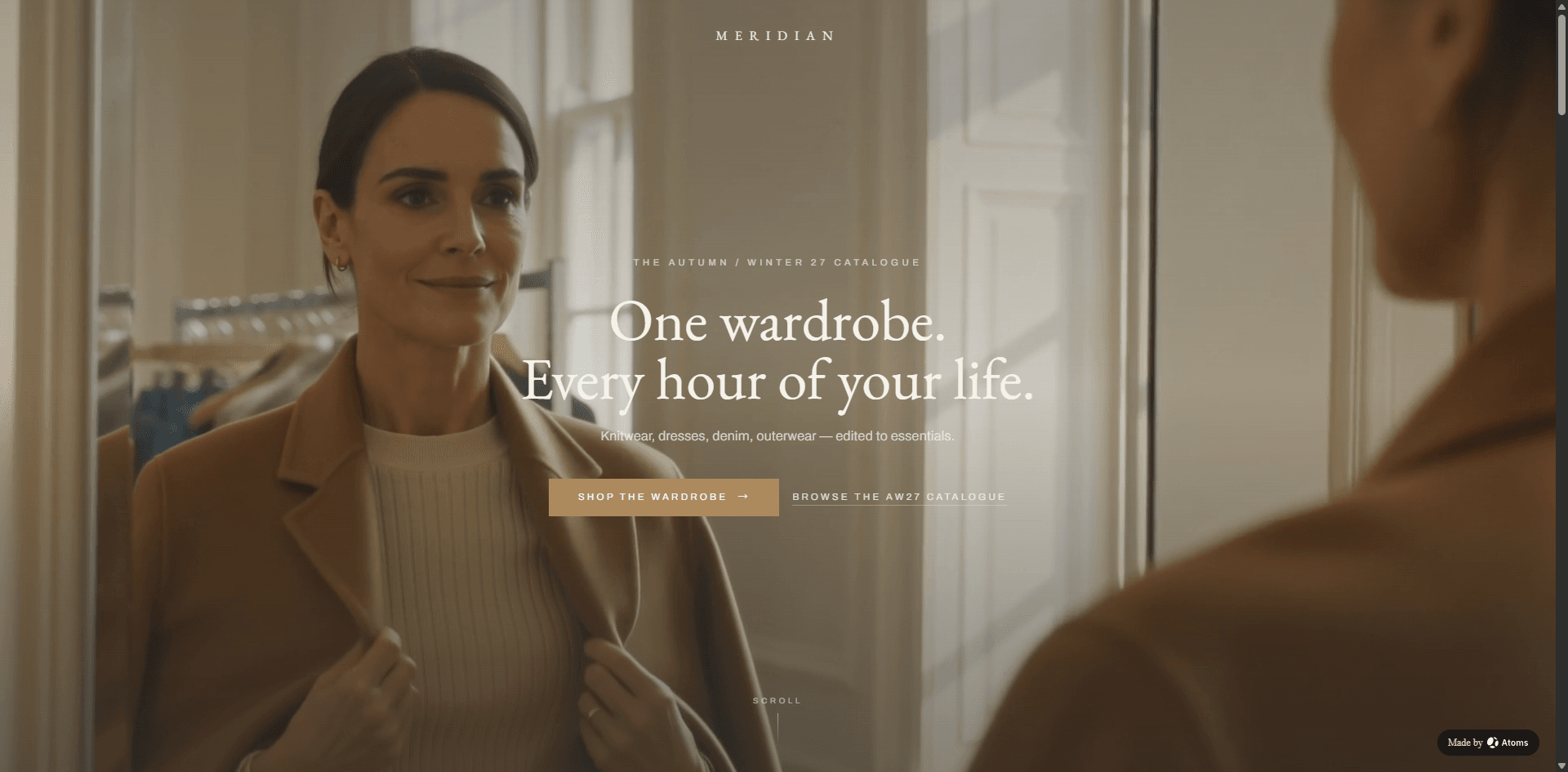 Create a premium e-commerce website for “MERIDIAN”, a multi-category clothing house covering womenswear essentials: knitwear, dresses, denim, outerwear, and accessories.
