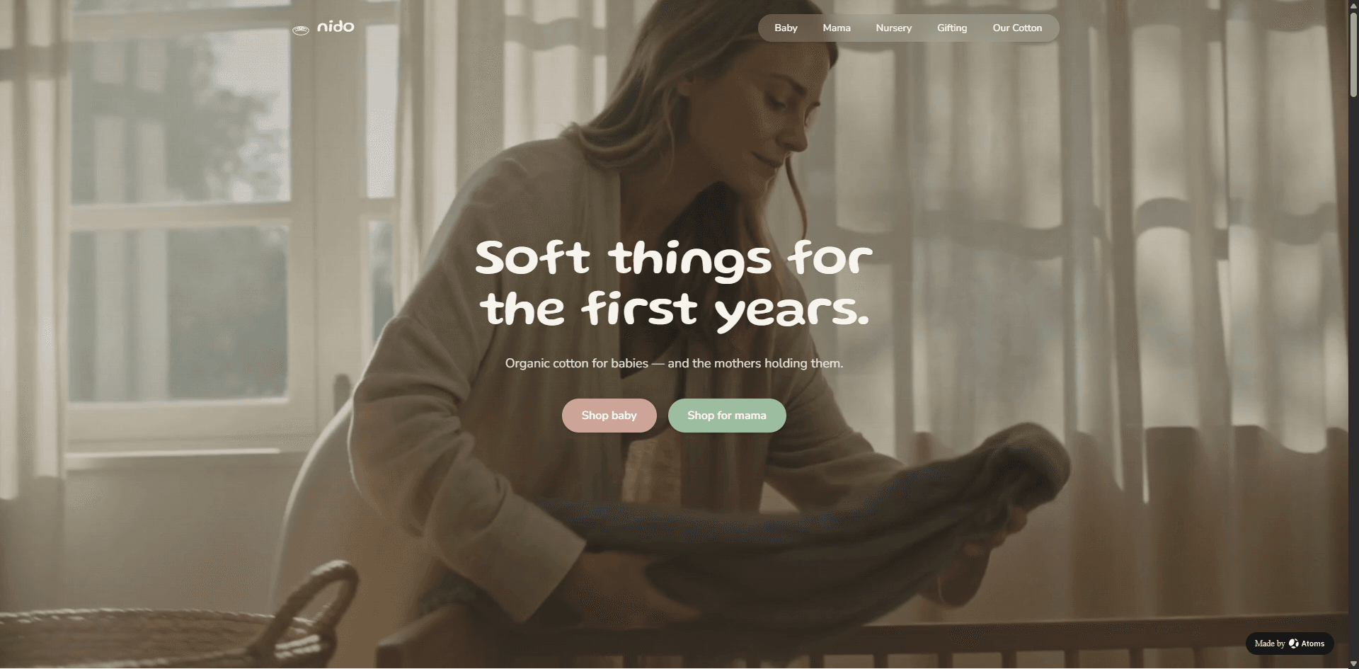 Create a premium e-commerce website for “NIDO”, a mother & baby brand: organic baby clothing, swaddles, nursery textiles, and maternity loungewear for mothers.