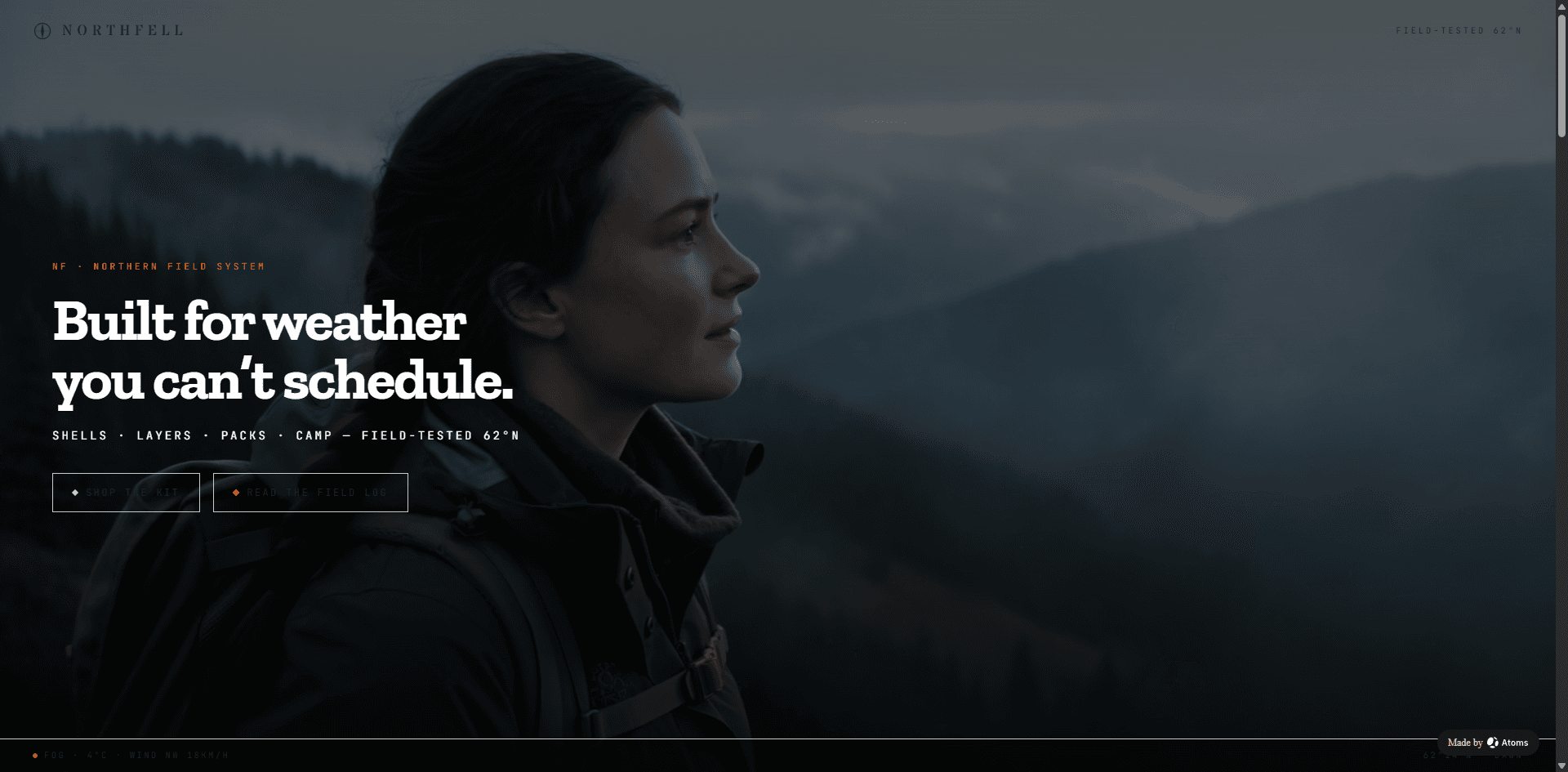 Create a premium e-commerce website for “NORTHFELL”, an outdoor apparel and gear brand: technical shells, fleece layers, hiking pants, packs, and camp goods.