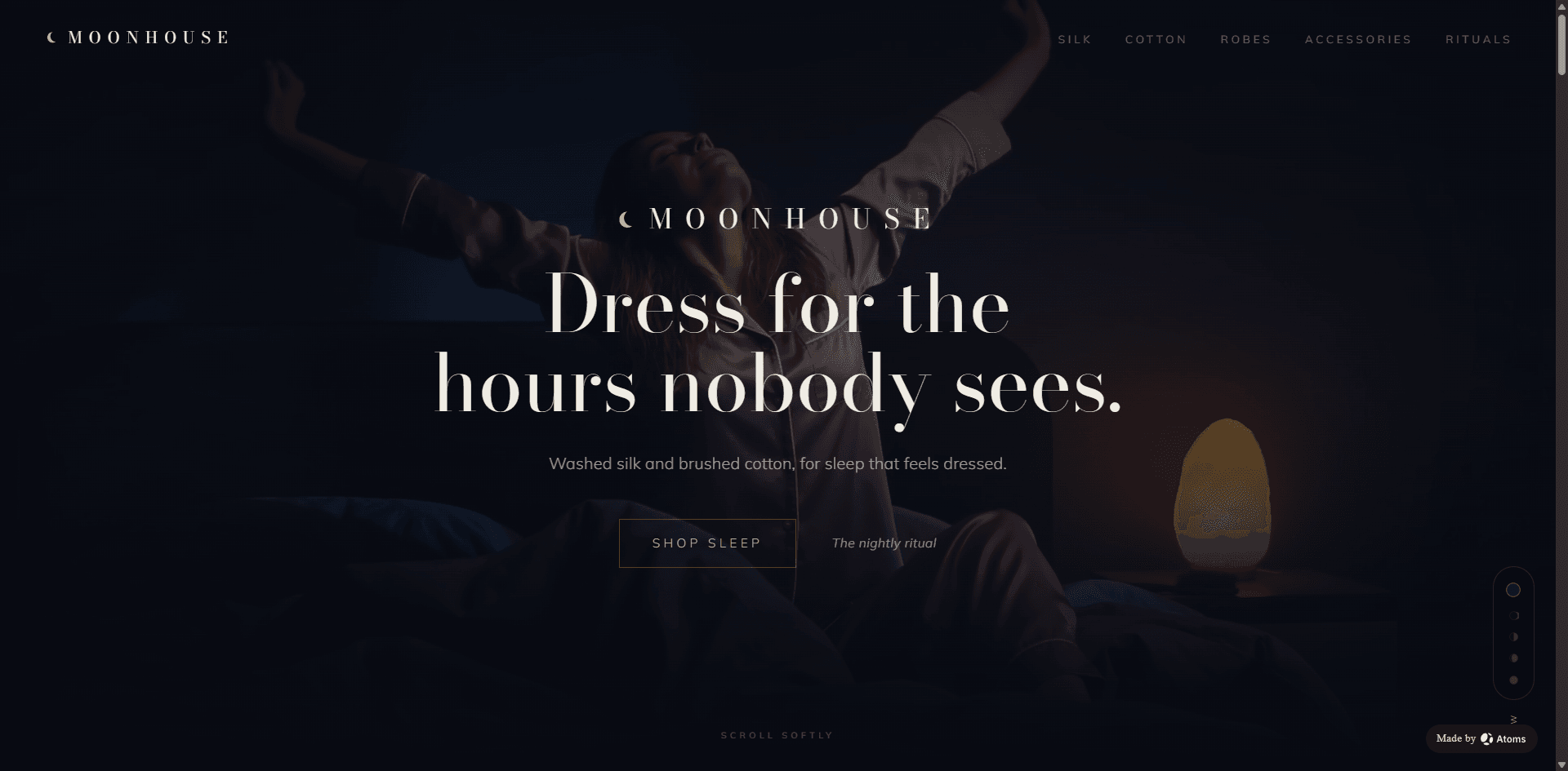 Create a premium e-commerce website for “MOONHOUSE”, a sleepwear brand: washed-silk pajama sets, cotton sleep shirts, lounge pants, robes, and sleep accessories.