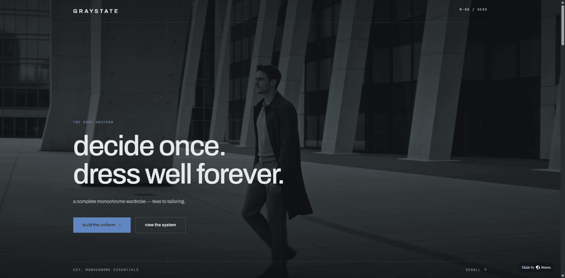 Create a premium e-commerce website for “GRAYSTATE”, a men’s multi-category clothing brand: tees, knitwear, tailored trousers, outerwear, and footwear — a complete minimal urban wardrobe.