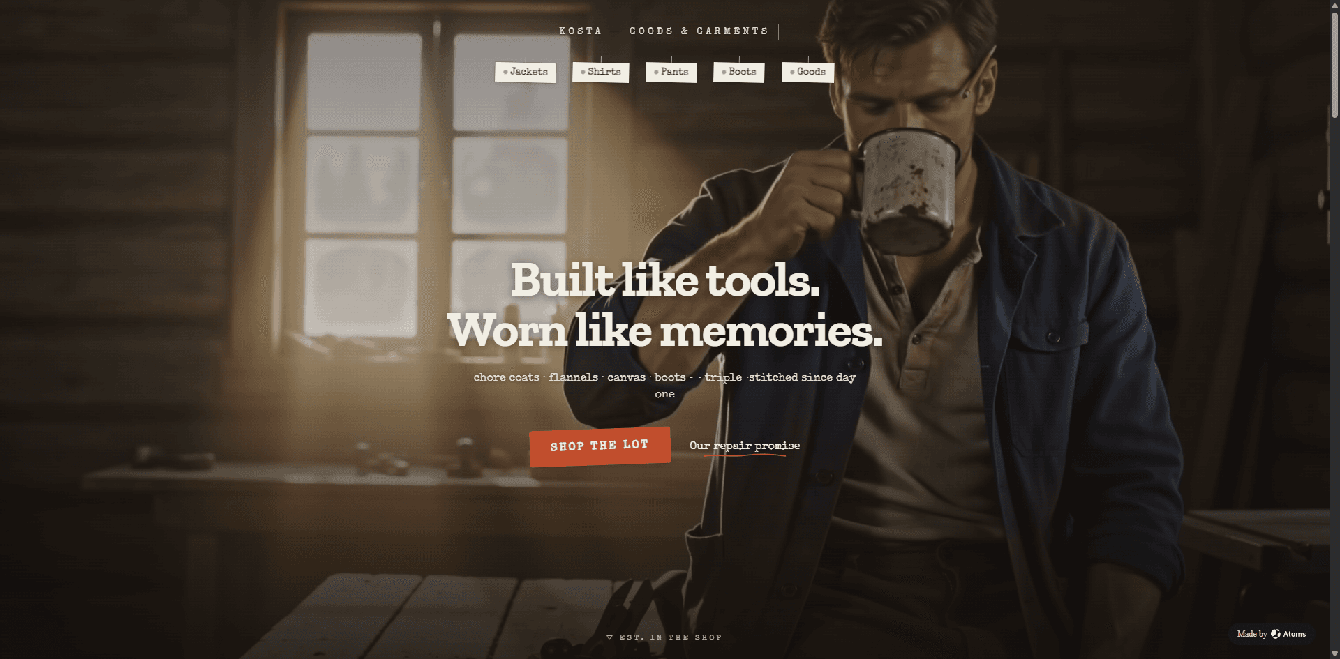 Create a premium e-commerce website for “KOSTA”, a men’s multi-category clothing brand blending workwear heritage with modern casual: chore jackets, flannels, canvas pants, henleys, boots, and small goods.