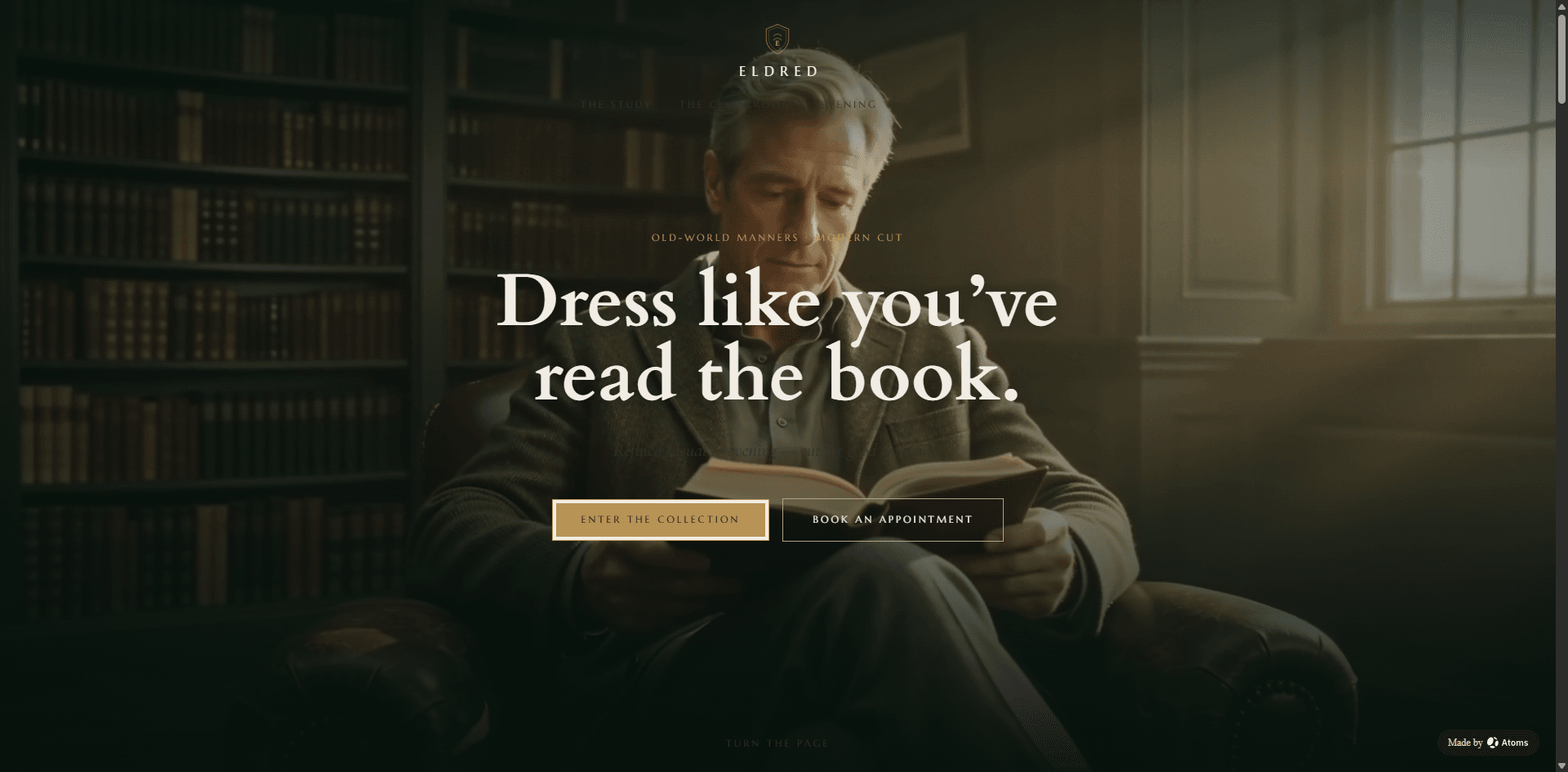Create a premium e-commerce website for “ELDRED”, a men’s multi-category clothing brand spanning refined casual and formalwear: knit blazers, oxford shirts, flannel trousers, overcoats, and evening pieces.