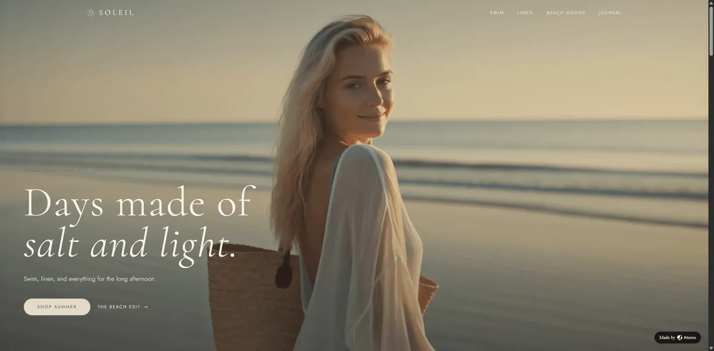 Create a premium e-commerce brand website for “SOLEIL”, a beach and swim lifestyle brand: swimwear, cover-ups, towels, totes, sandals.