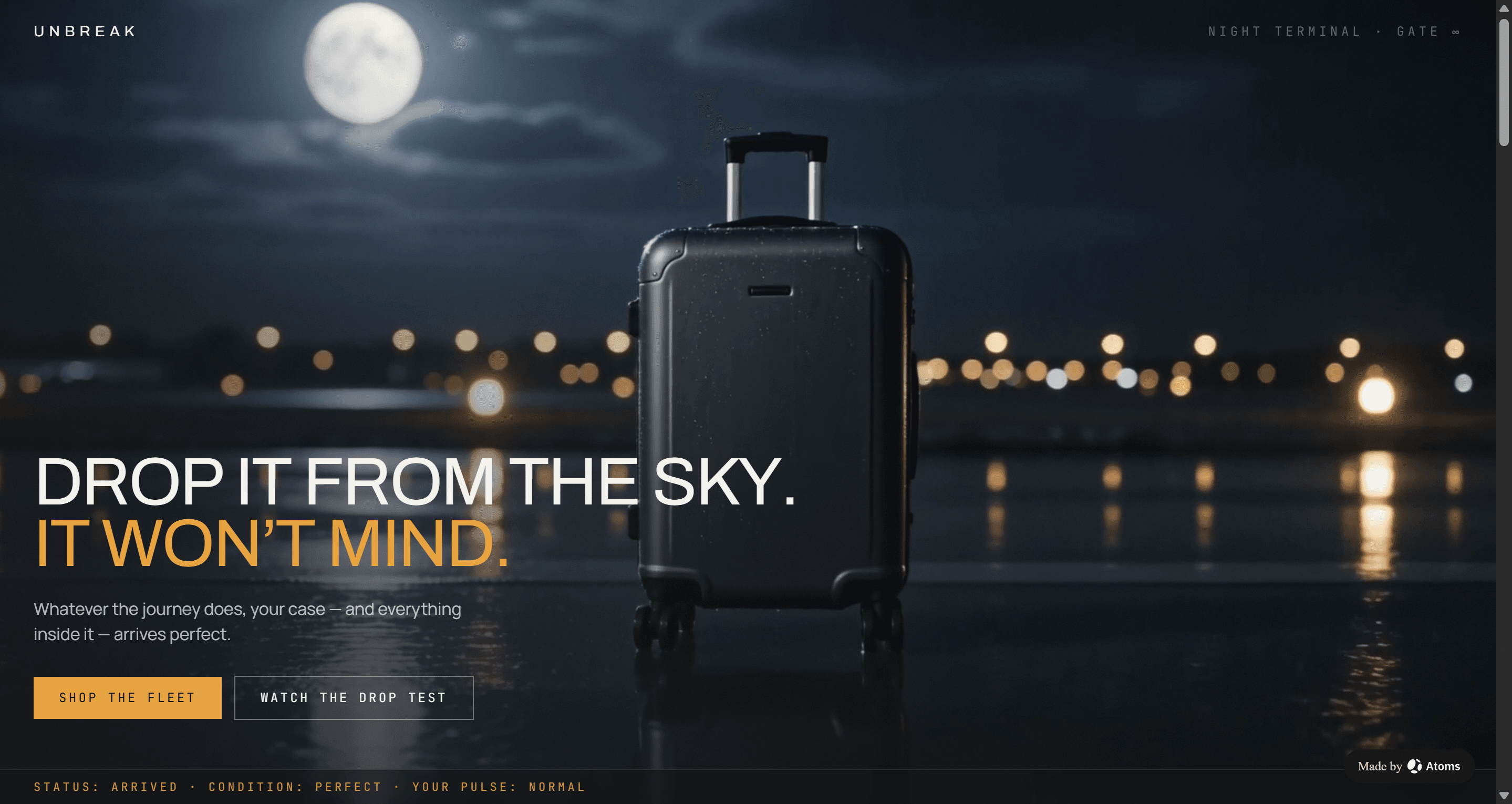 Create a premium e-commerce website for “UNBREAK”, a luggage brand whose core promise is: whatever the journey does, your case and everything inside arrives perfect.