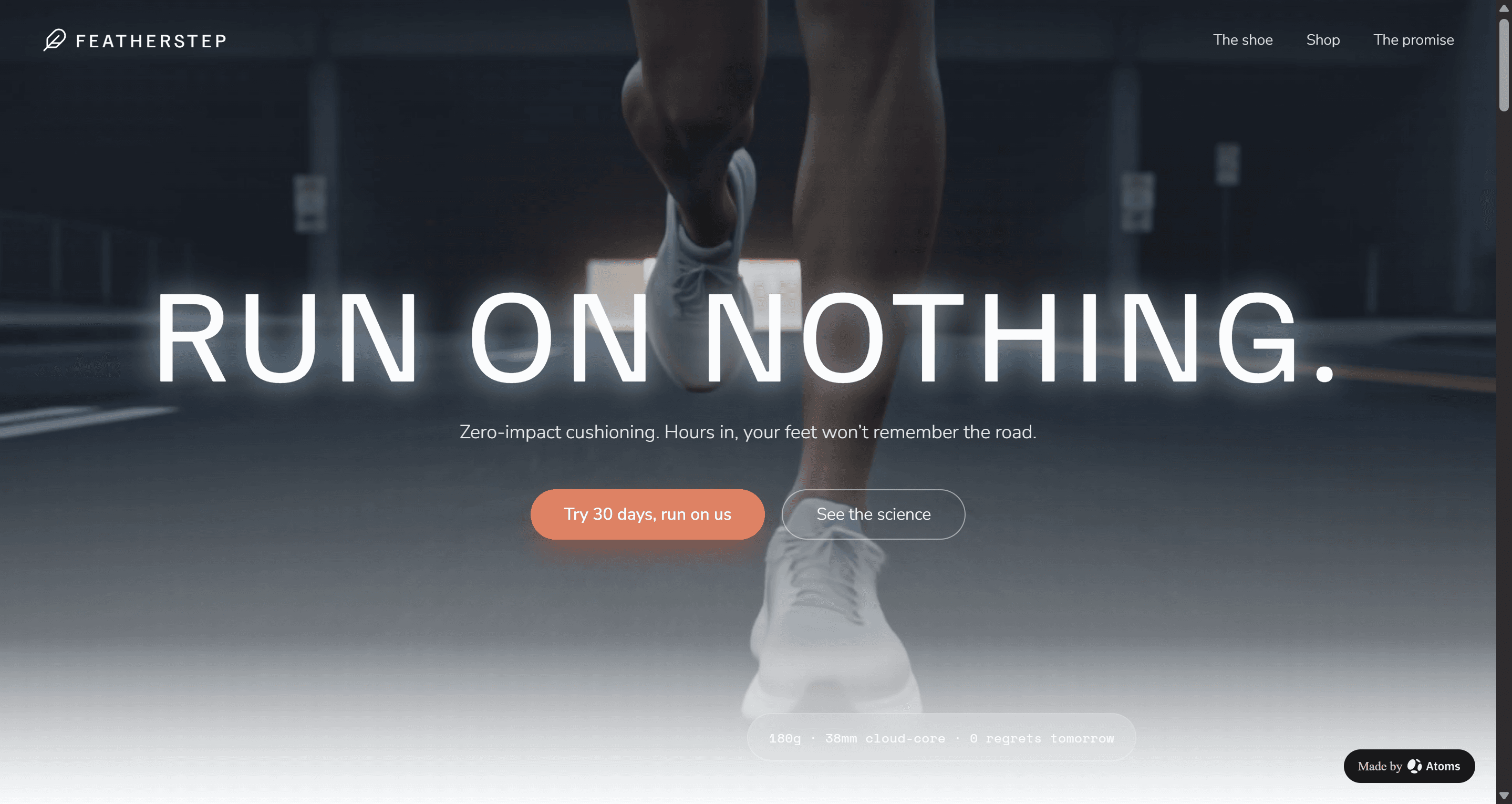 Create a premium e-commerce website for “FEATHERSTEP”, a running shoe brand whose core promise is: run for hours, your feet never get hurt.

