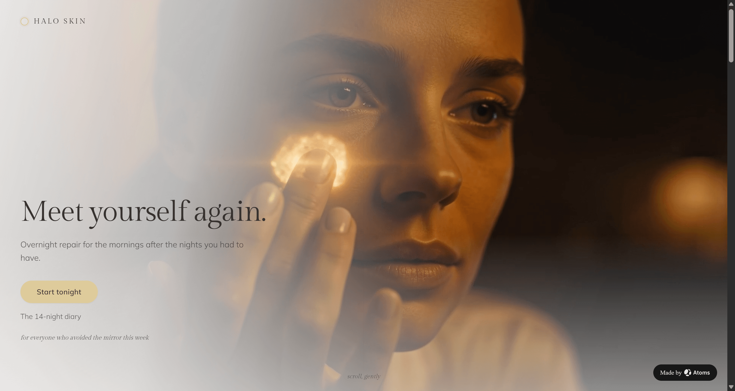 Create a premium e-commerce website for “HALO SKIN”, a skincare brand whose core promise is: overnight repair — wake up looking like you actually slept.