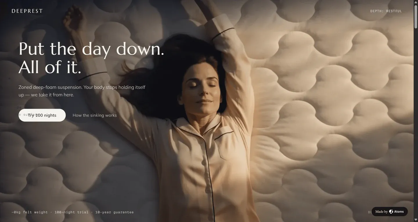 Create a premium e-commerce website for “DEEPREST”, a mattress brand whose core promise is: the moment you lie down, gravity lets go of you.