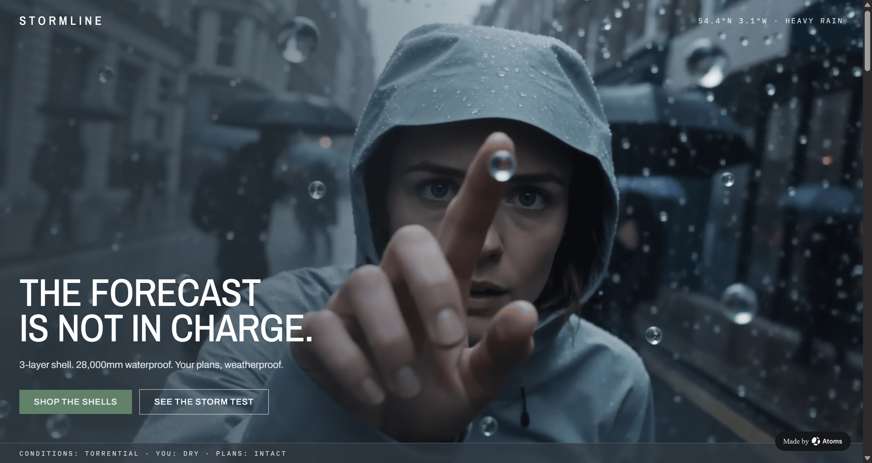 Create a premium e-commerce website for “STORMLINE”, a technical outerwear brand whose core promise is: the weather no longer gets a vote on your plans.