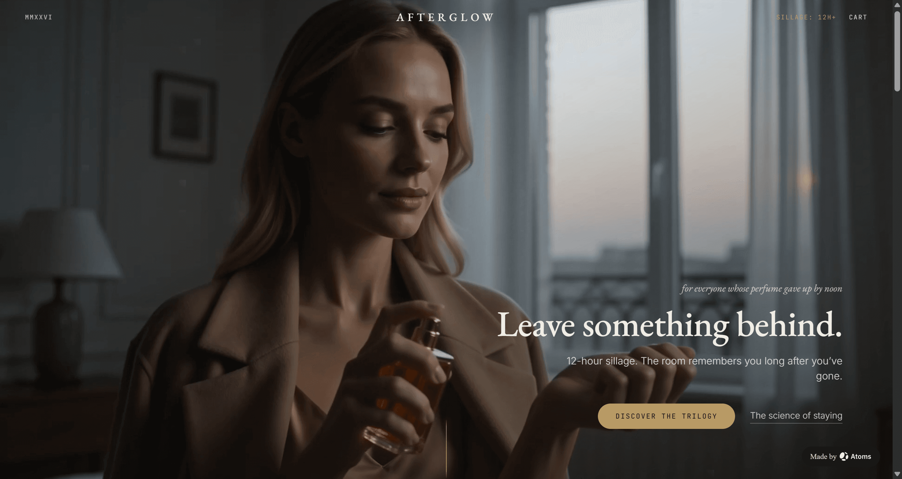 Create a premium e-commerce website for “AFTERGLOW”, a fragrance brand whose core promise is: your scent outlasts the day — people remember you were there.