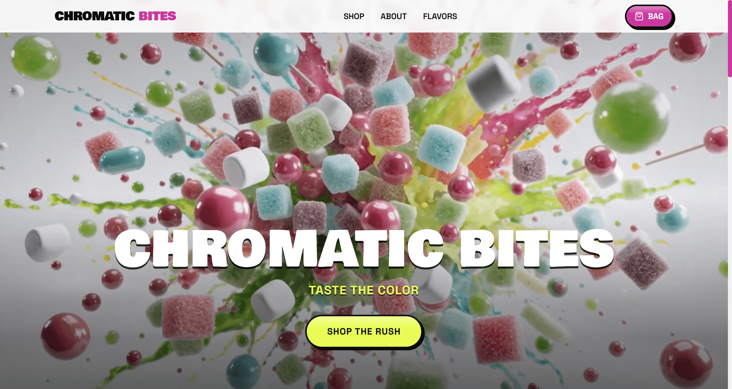 Create a premium commerce website for “CHROMATIC BITES”, a hyper-modern, Gen-Z focused gourmet candy brand selling artisanal, vividly colored gummies and molecular snacks.