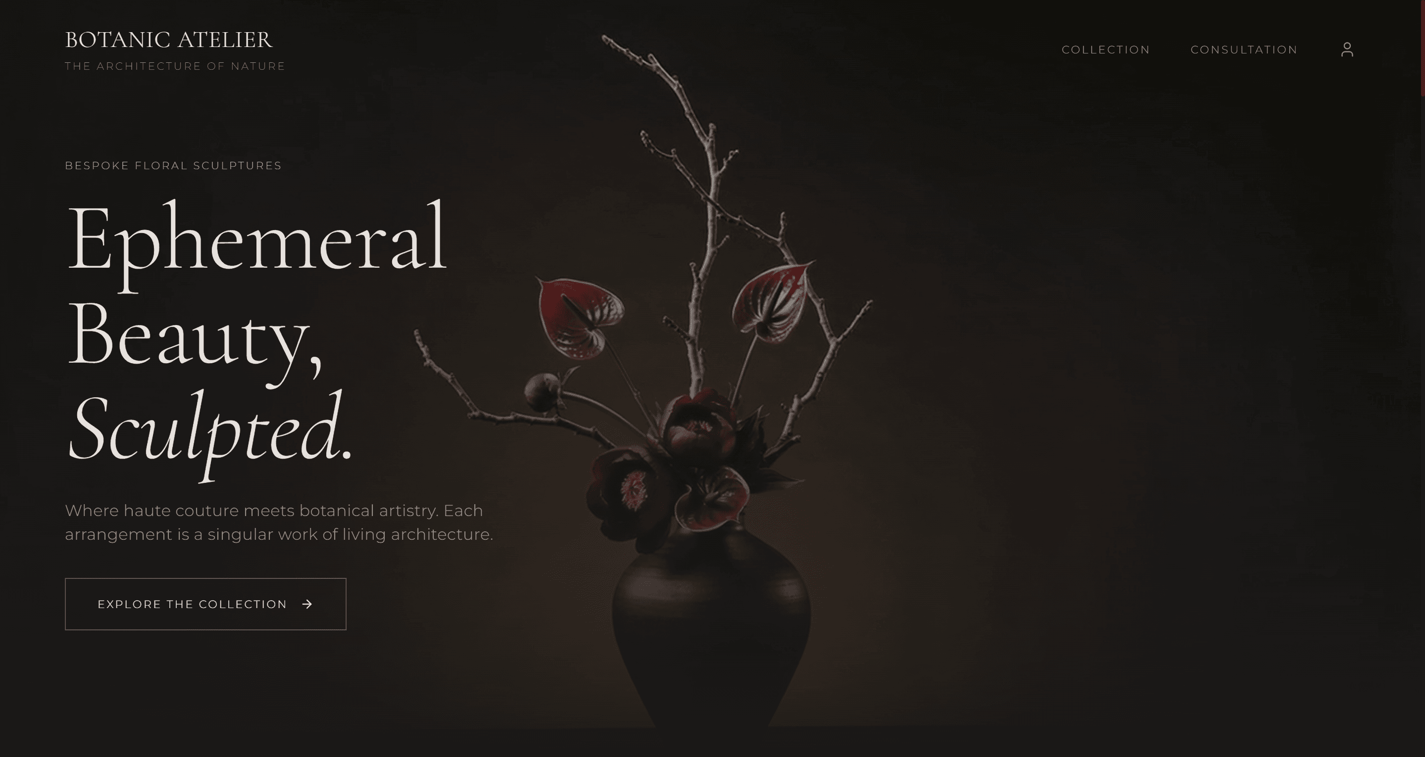Create a premium commerce website for “BOTANIC ATELIER”, an ultra-luxury floral design studio selling sculptural, bespoke flower arrangements treated like haute couture fashion.