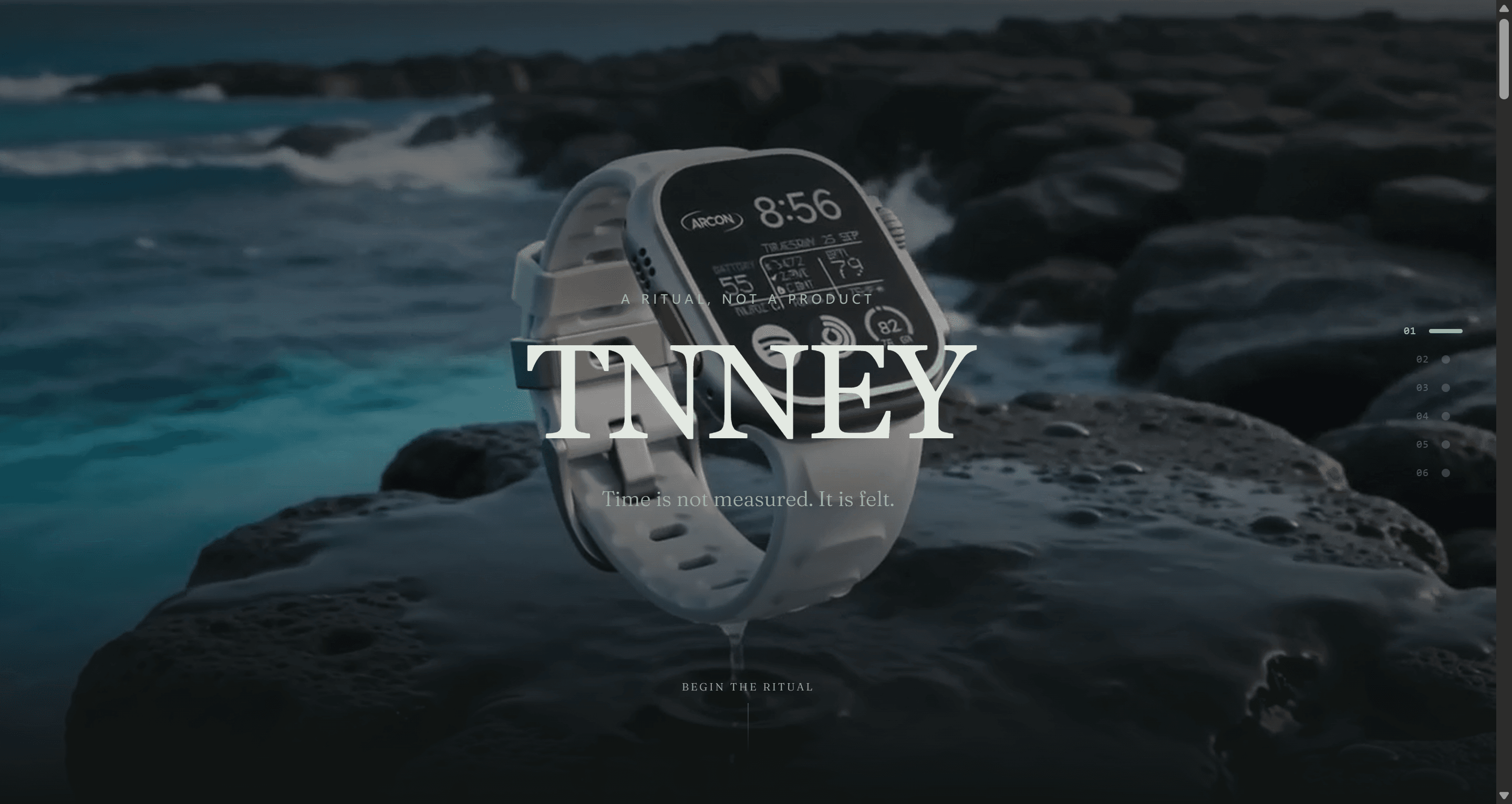 Create a non-traditional landing page for “TNNEY”, a premium sports watch.