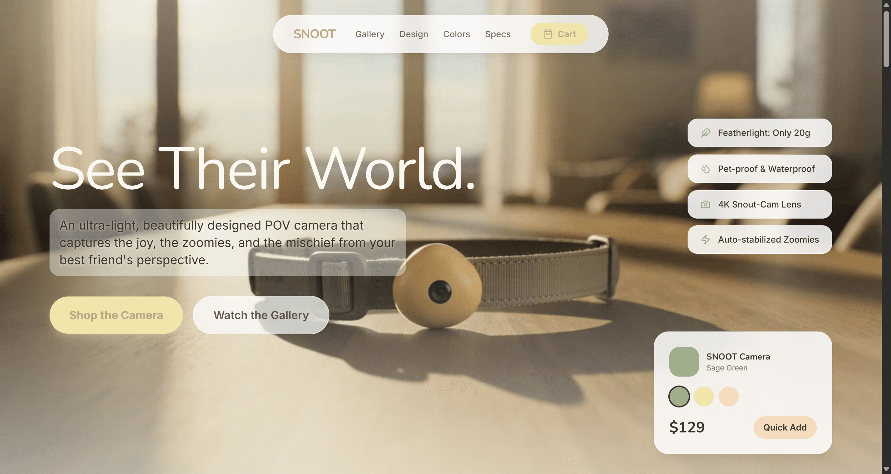 Create a premium commerce website for “SNOOT”, a design-forward, lifestyle pet wearable camera brand selling ultra-lightweight, pebble-shaped POV cameras, stylish smart collars, and modern pet tracking accessories.