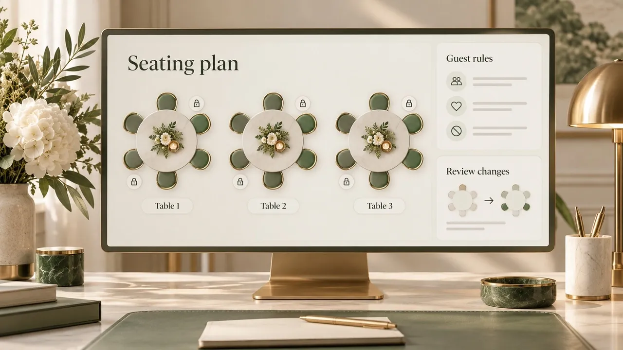 Conceptual seating-planner interface with guest rules and revision controls.