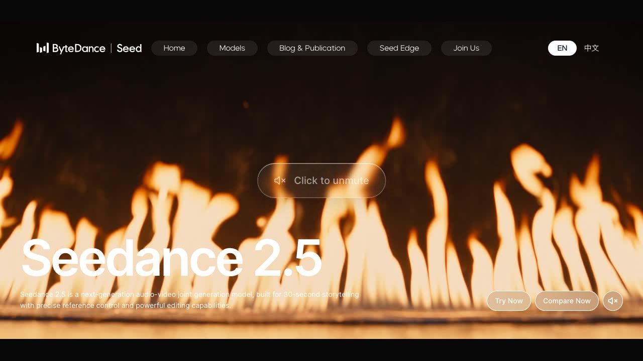 Official ByteDance Seedance 2.5 landing page hero with flame background