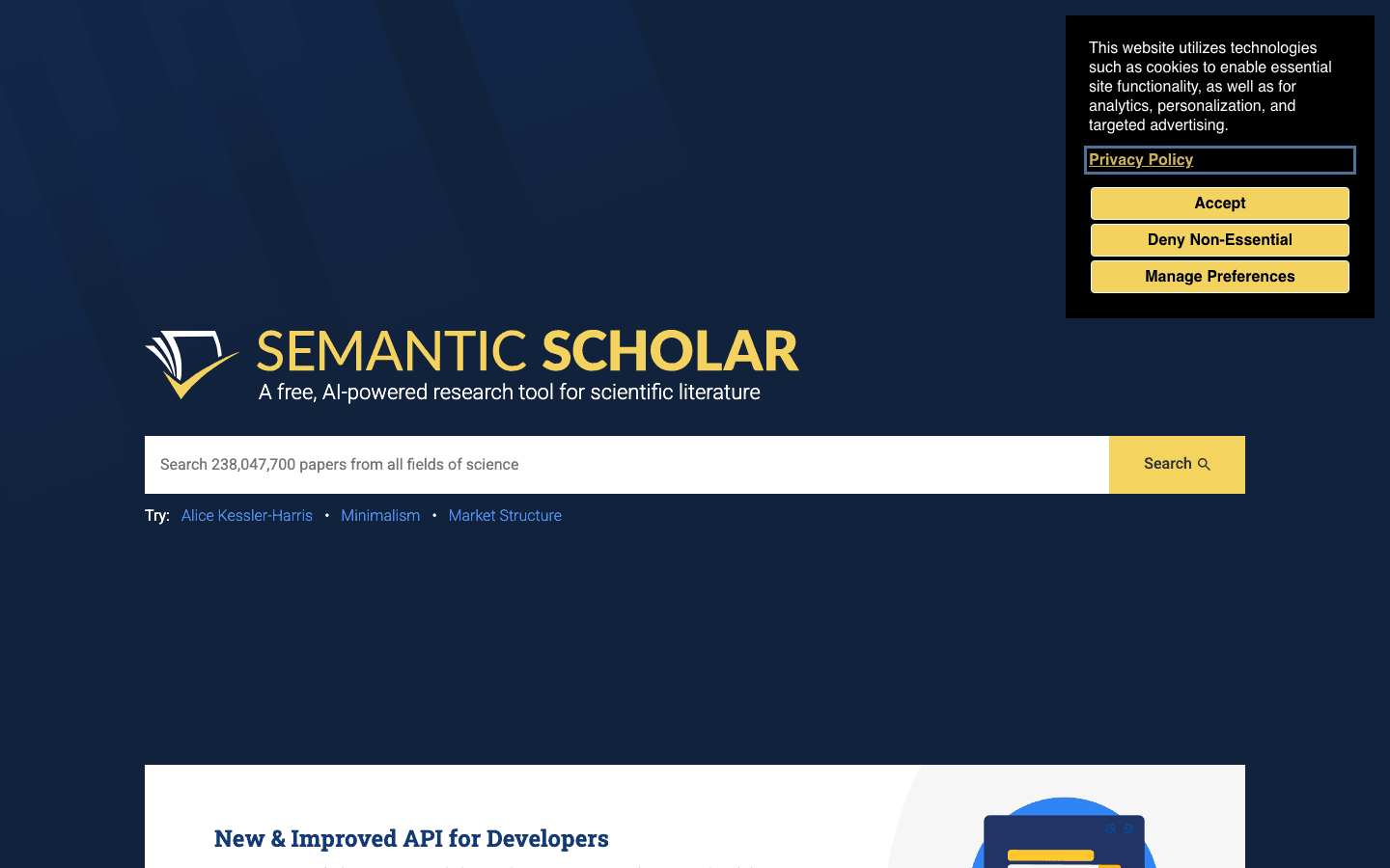 Semantic Scholar academic search homepage screenshot