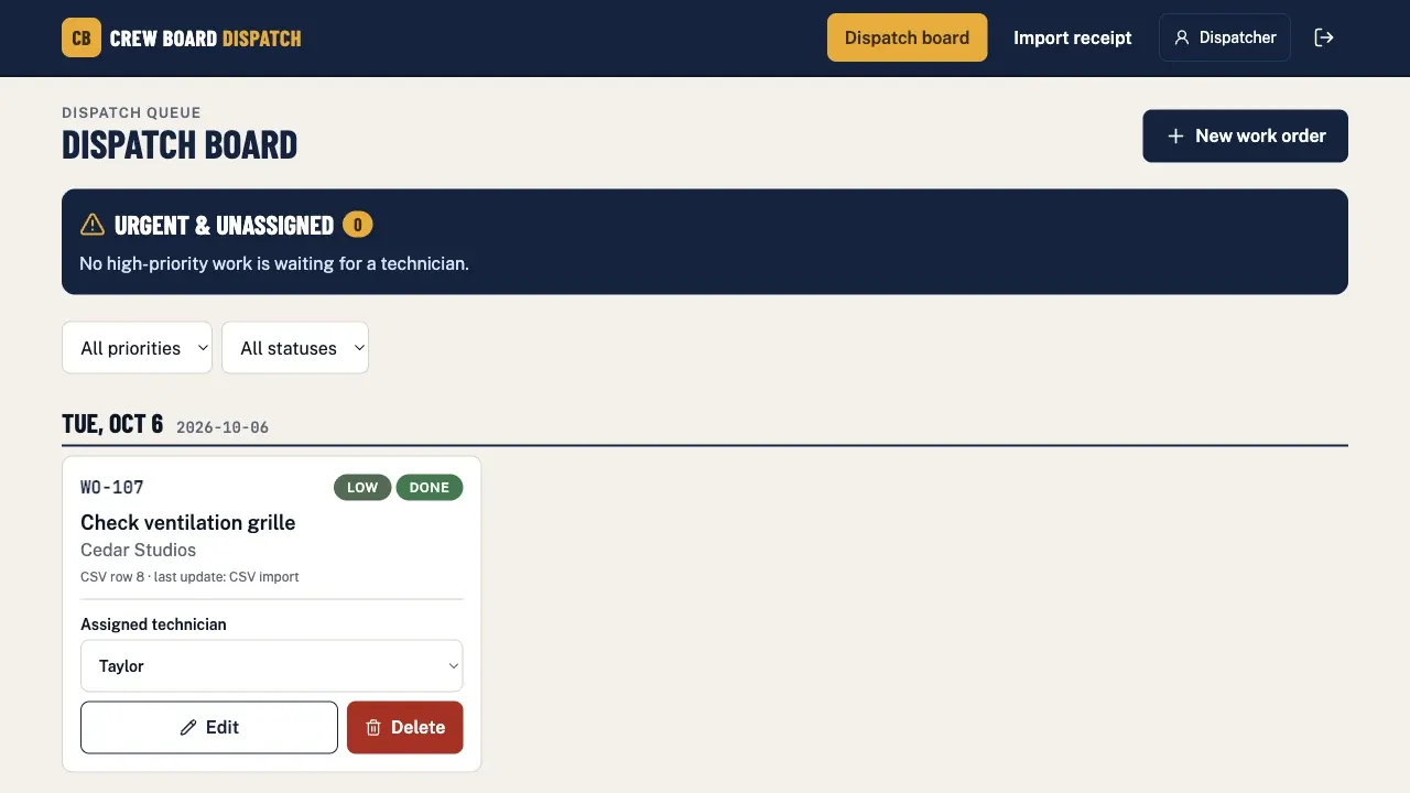 Crew Board Dispatch synthetic demo workflow
