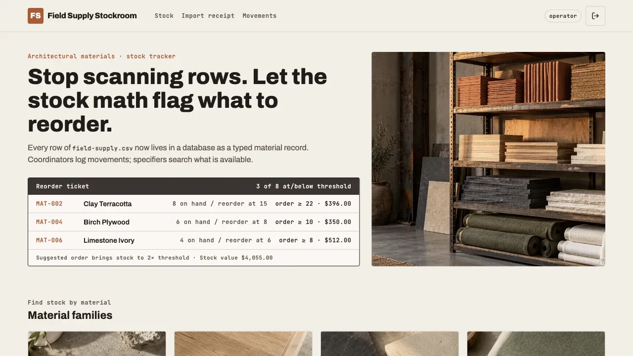 Field Supply Stockroom synthetic demo workflow