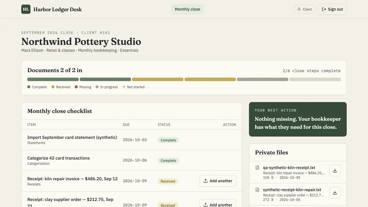 Harbor Ledger Desk synthetic demo workflow