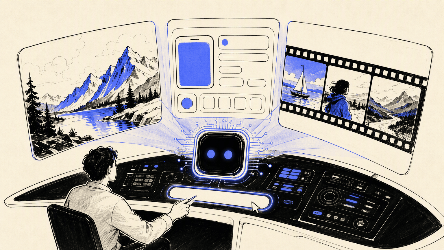 Designer directing an AI console that generates images, interfaces, and video.