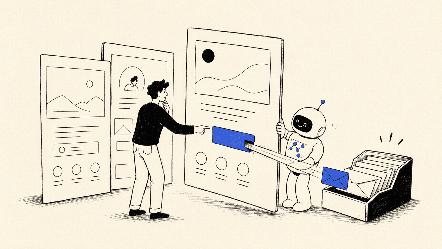 A marketer and AI assistant choose a landing page connected to a lead inbox.