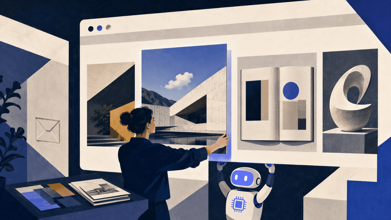 A creative professional and AI assistant arrange projects in a web-shaped gallery.