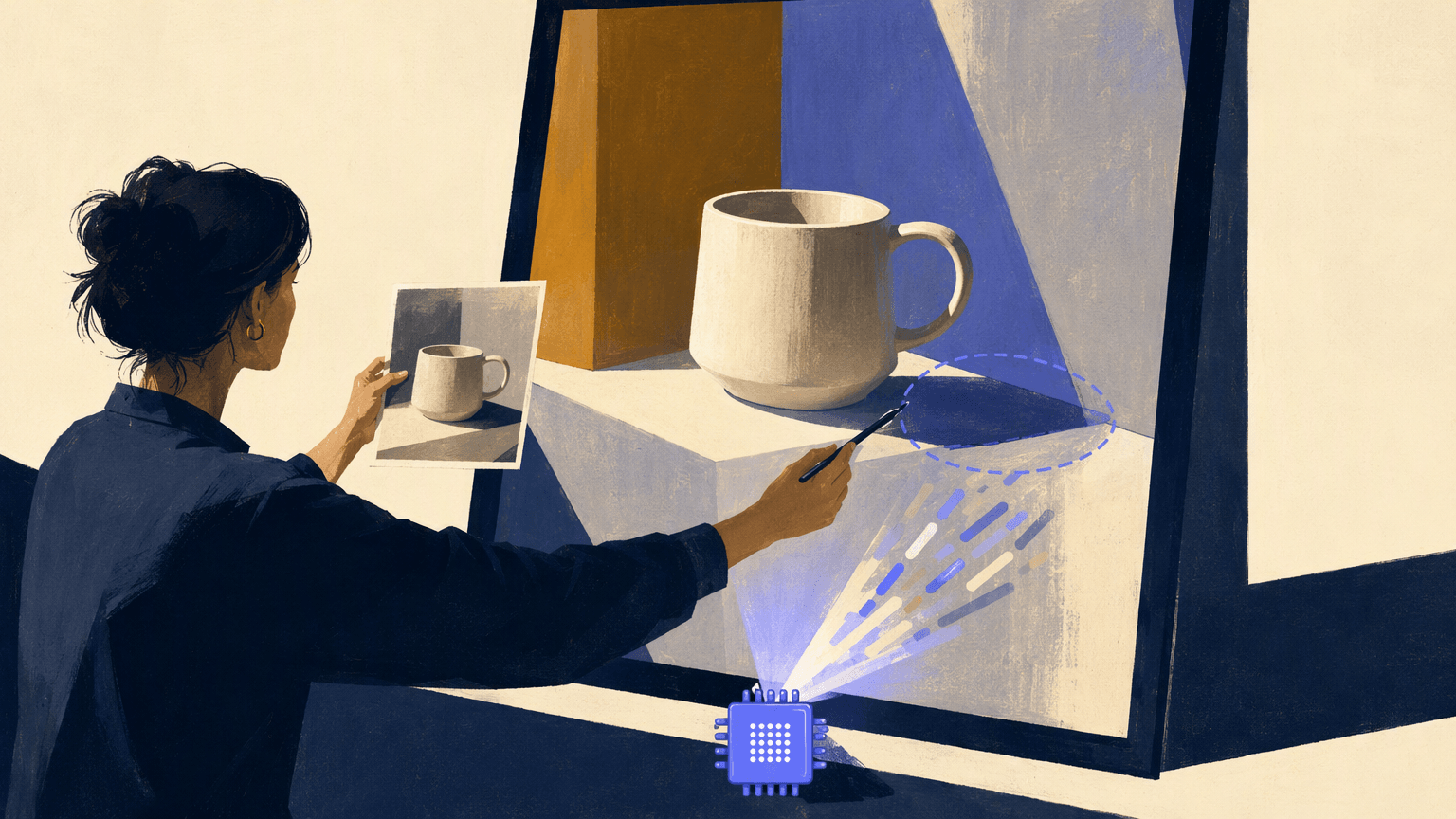 A creator guides an AI projector to generate and refine a mug illustration.